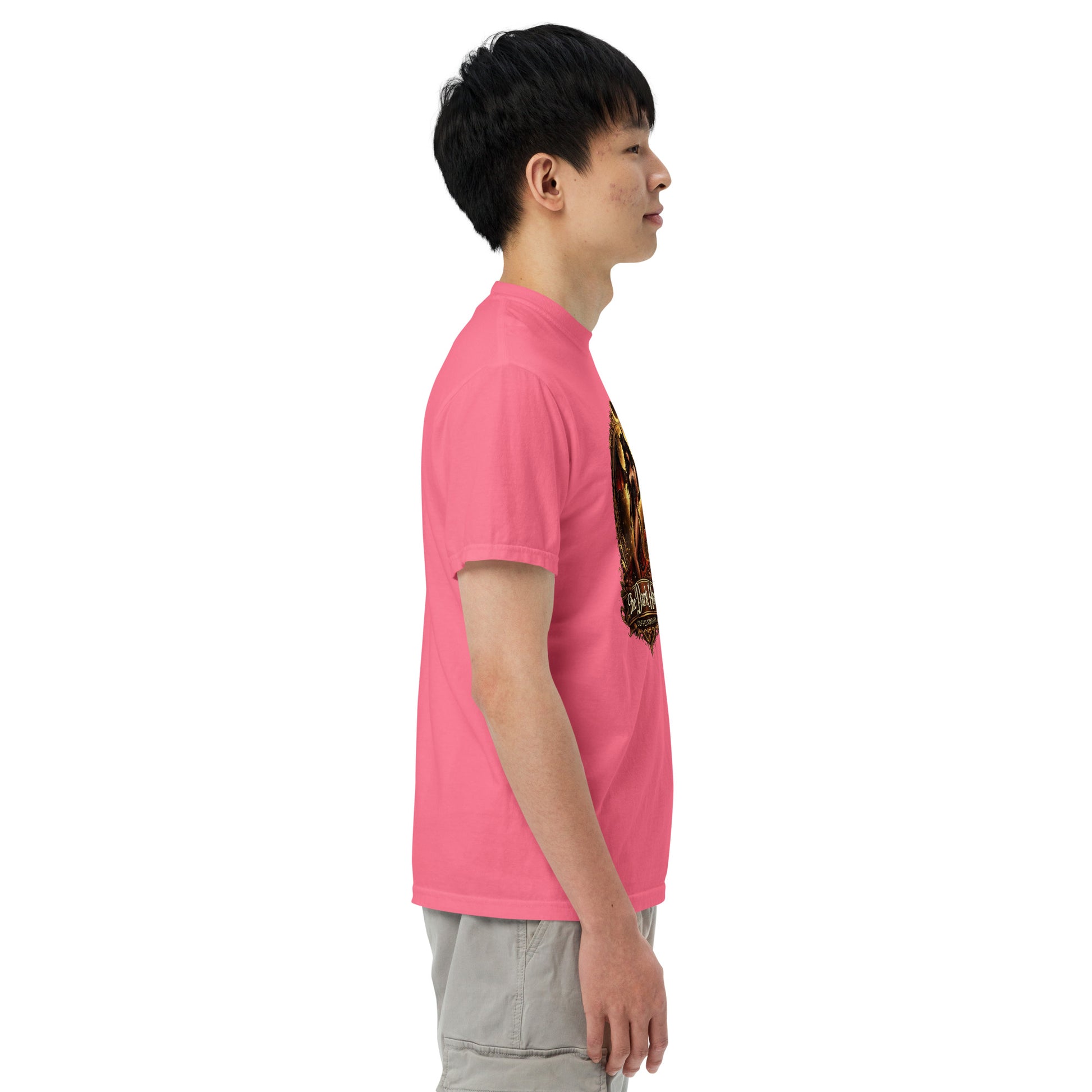 Unisex garment-dyed heavyweight T-shirt in crunchberry color from The Dark Hour Coffee Company, shown from the right side.