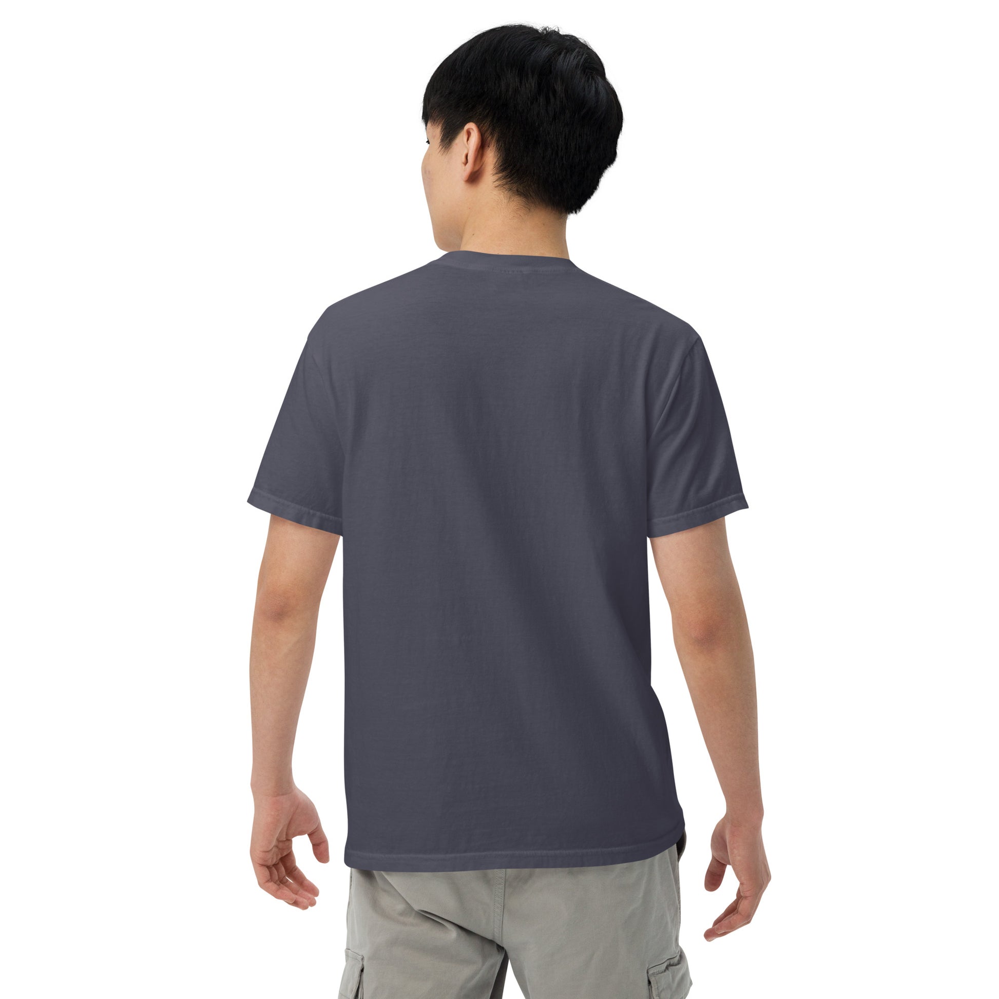 Unisex navy garment-dyed heavyweight T-shirt from The Dark Hour Coffee Company, showing front and back views.