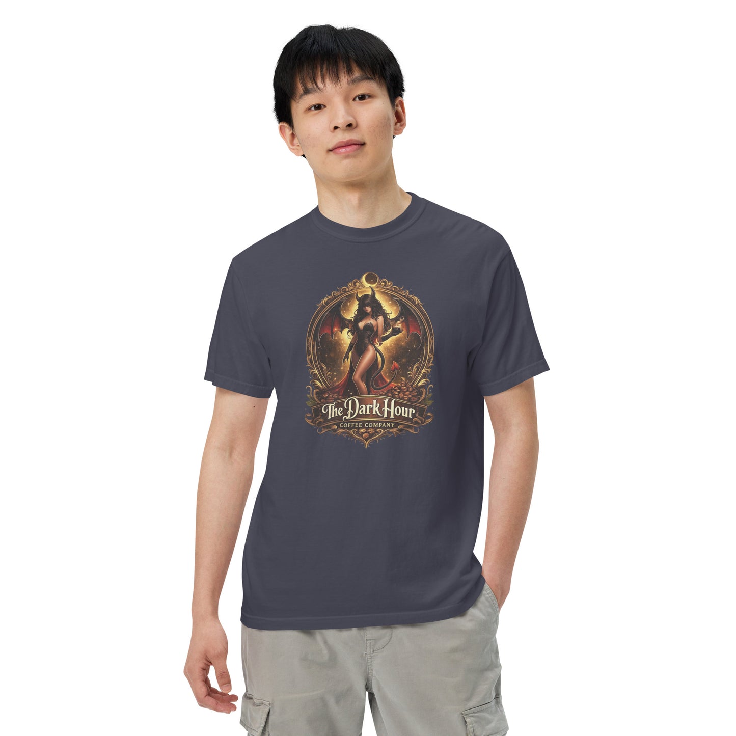 Unisex navy garment-dyed heavyweight T-shirt by The Dark Hour Coffee Company, front view showing soft fabric and classic fit