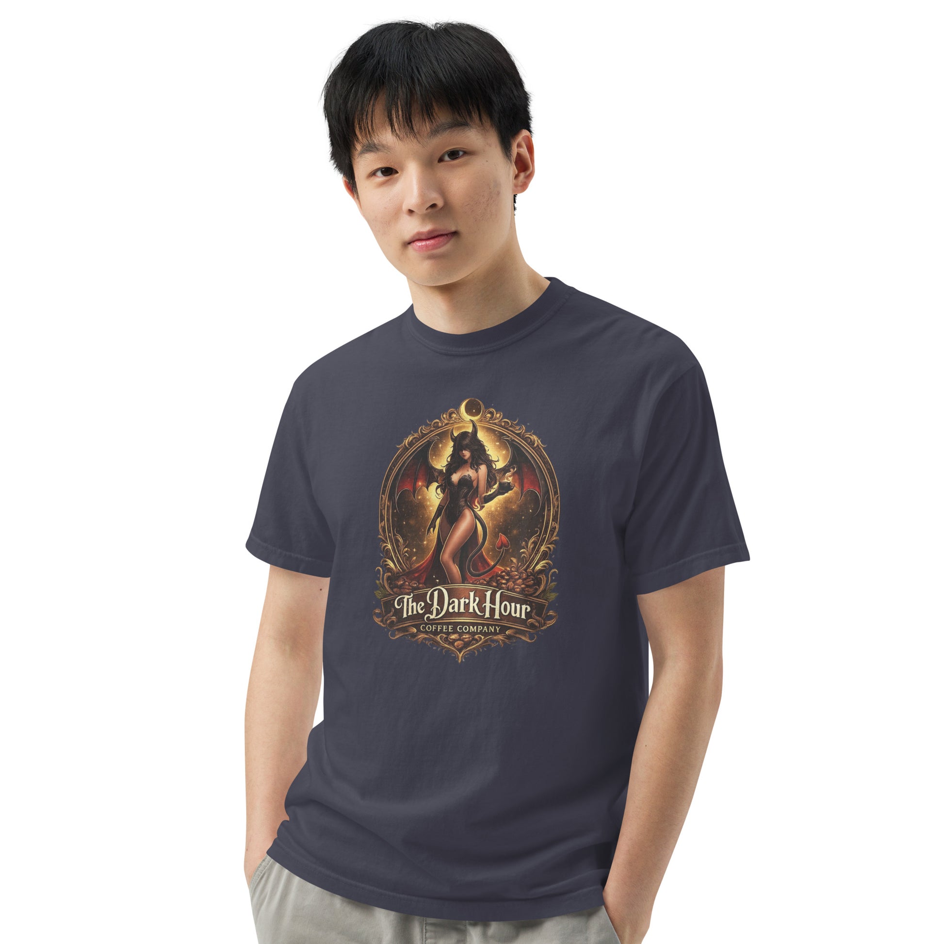 Unisex navy garment-dyed heavyweight T-shirt from The Dark Hour Coffee Company, front view showing soft fabric and classic fit.