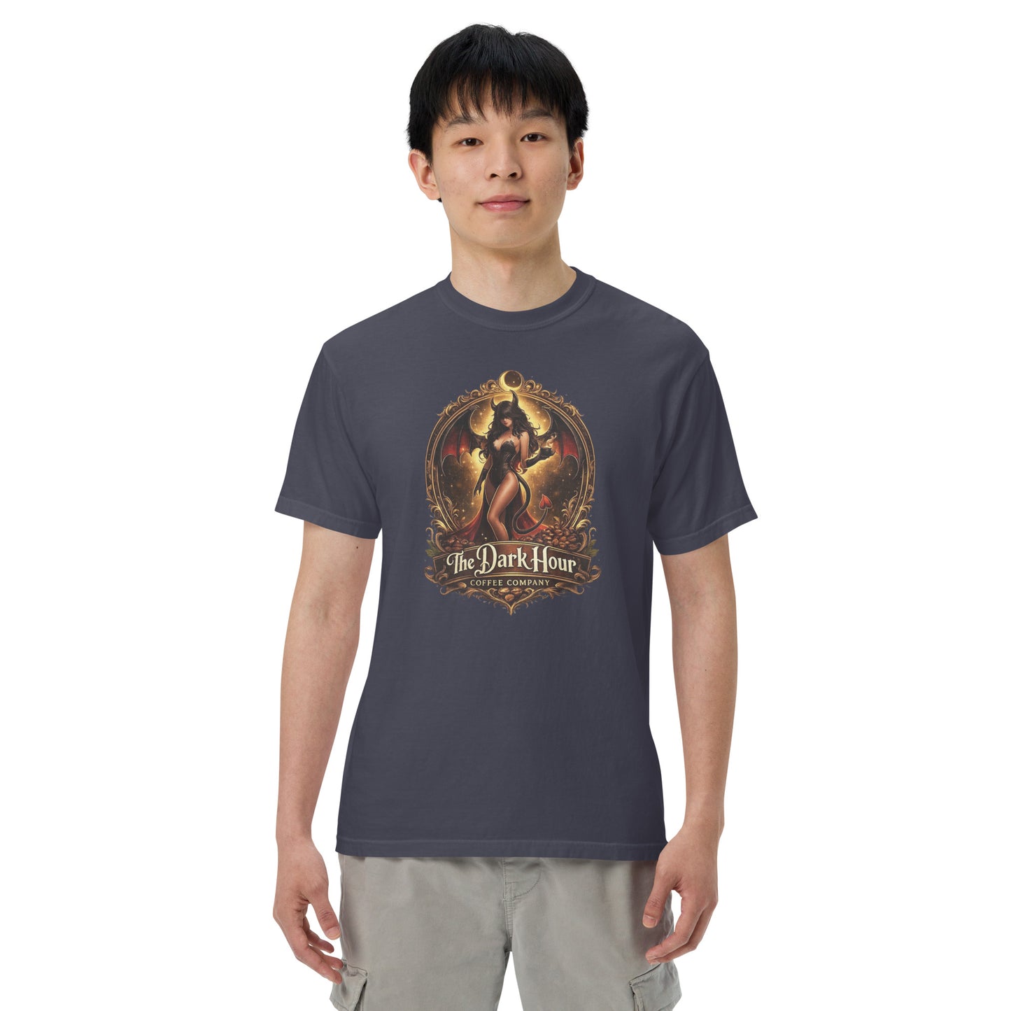 Unisex navy heavyweight T-shirt by The Dark Hour Coffee Company, garment-dyed for a soft, durable finish, shown front view.