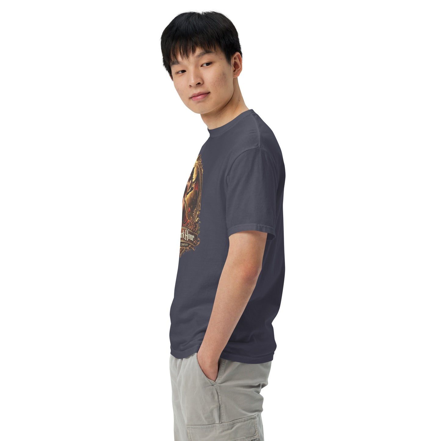 Unisex navy garment-dyed heavyweight T-shirt by The Dark Hour Coffee Company, showing front view with relaxed fit.