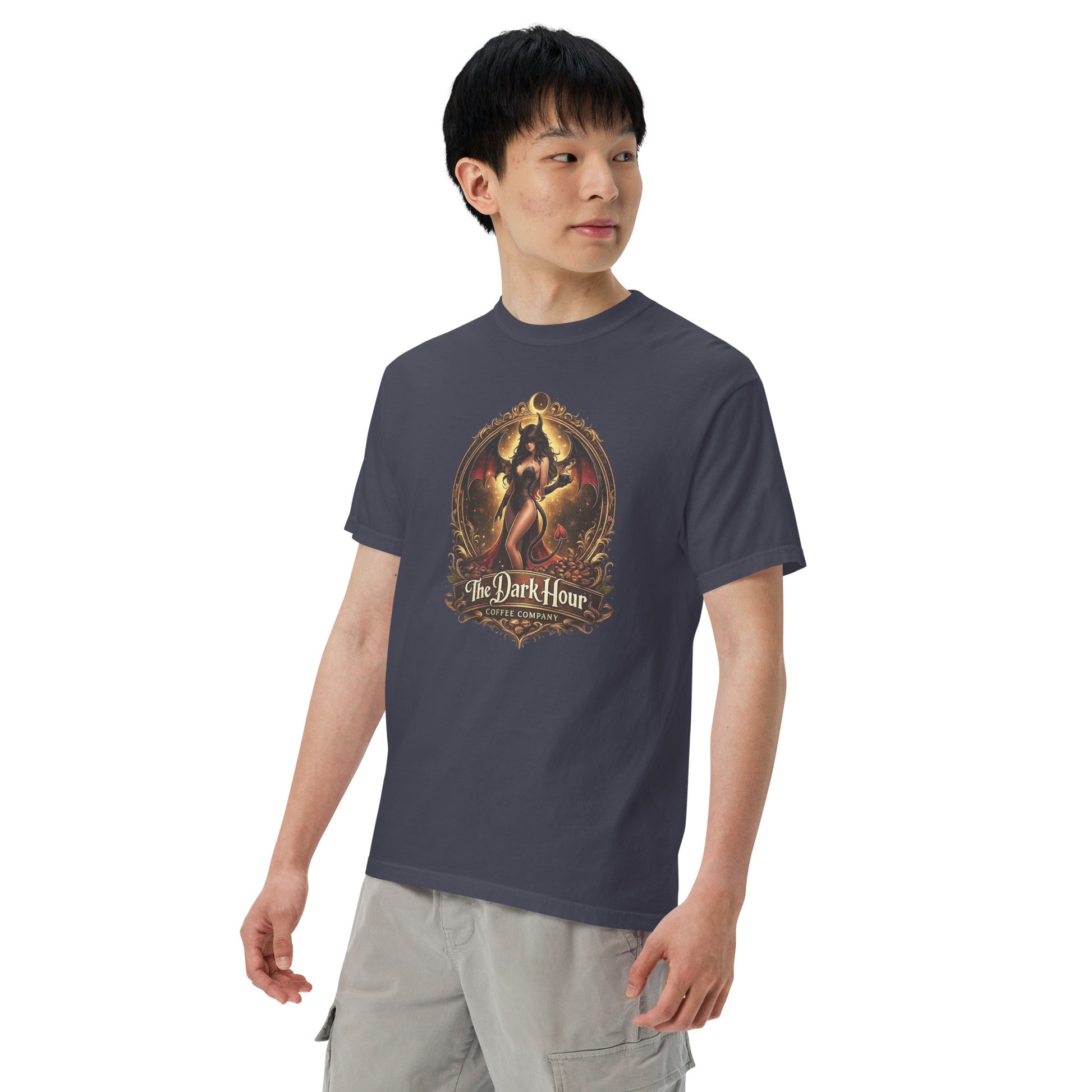 Navy unisex garment-dyed heavyweight T-shirt from The Dark Hour Coffee Company, shown from the left front view.