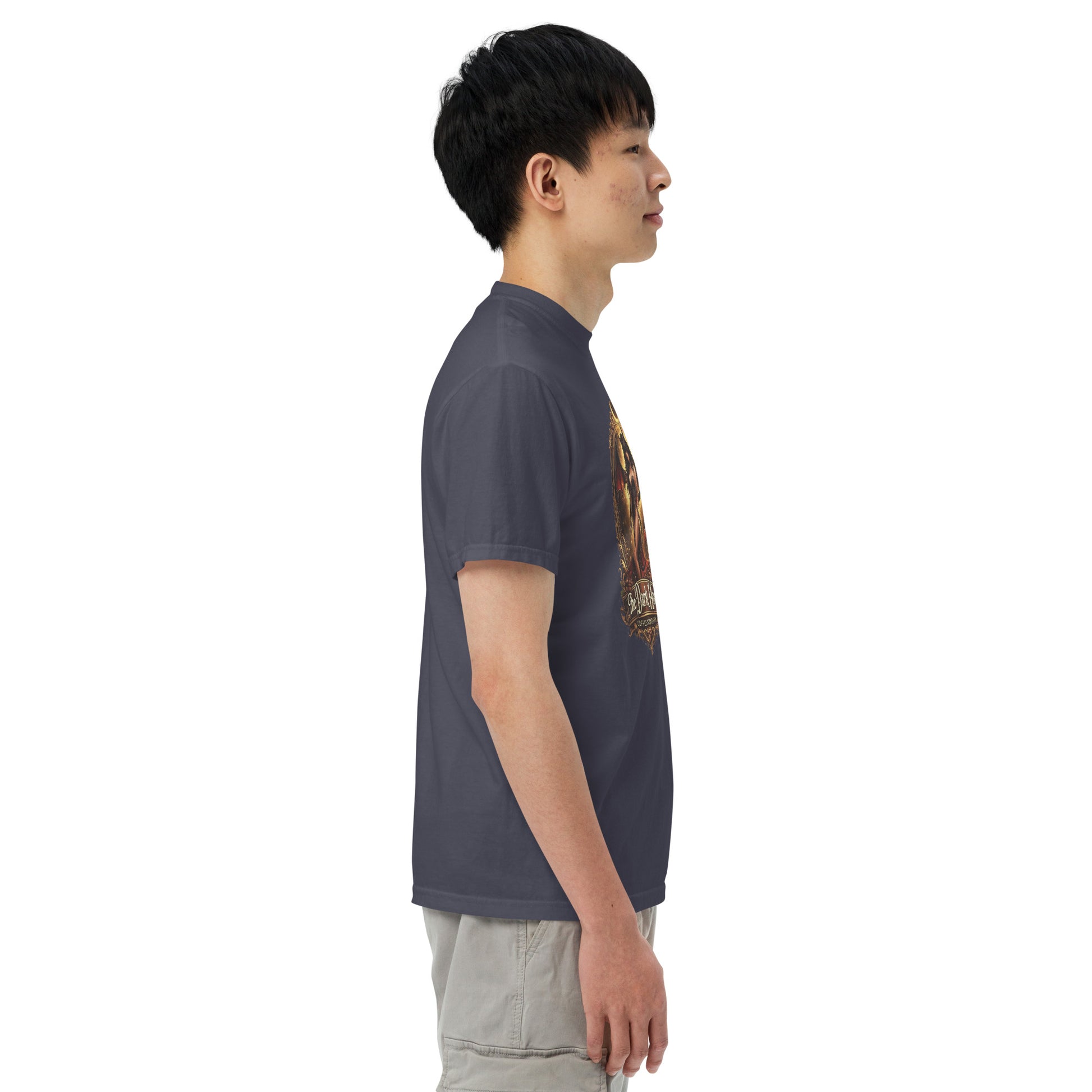 Navy unisex garment-dyed heavyweight T-shirt by The Dark Hour Coffee Company, shown from the right side.