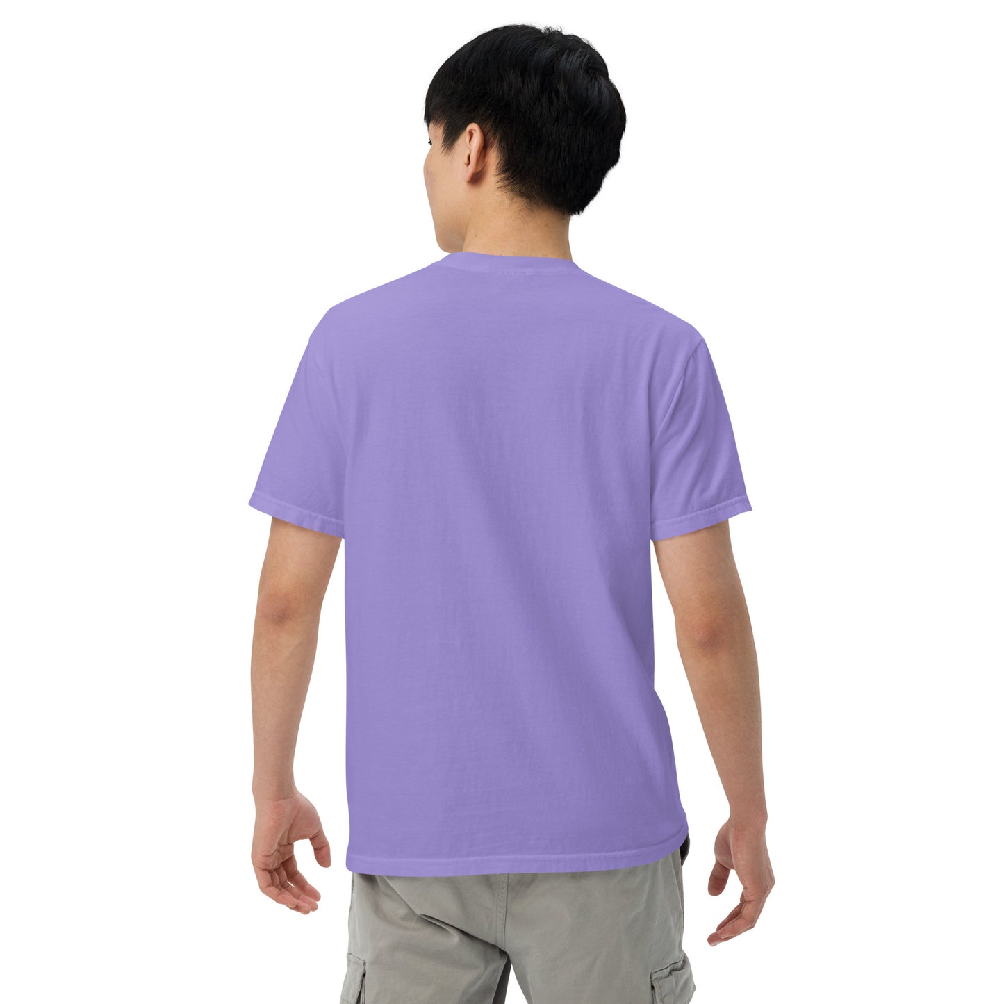 Unisex garment-dyed heavyweight T-shirt in violet, showing the back view with a relaxed fit and soft, durable fabric by The Dark Hour Coffee Company.