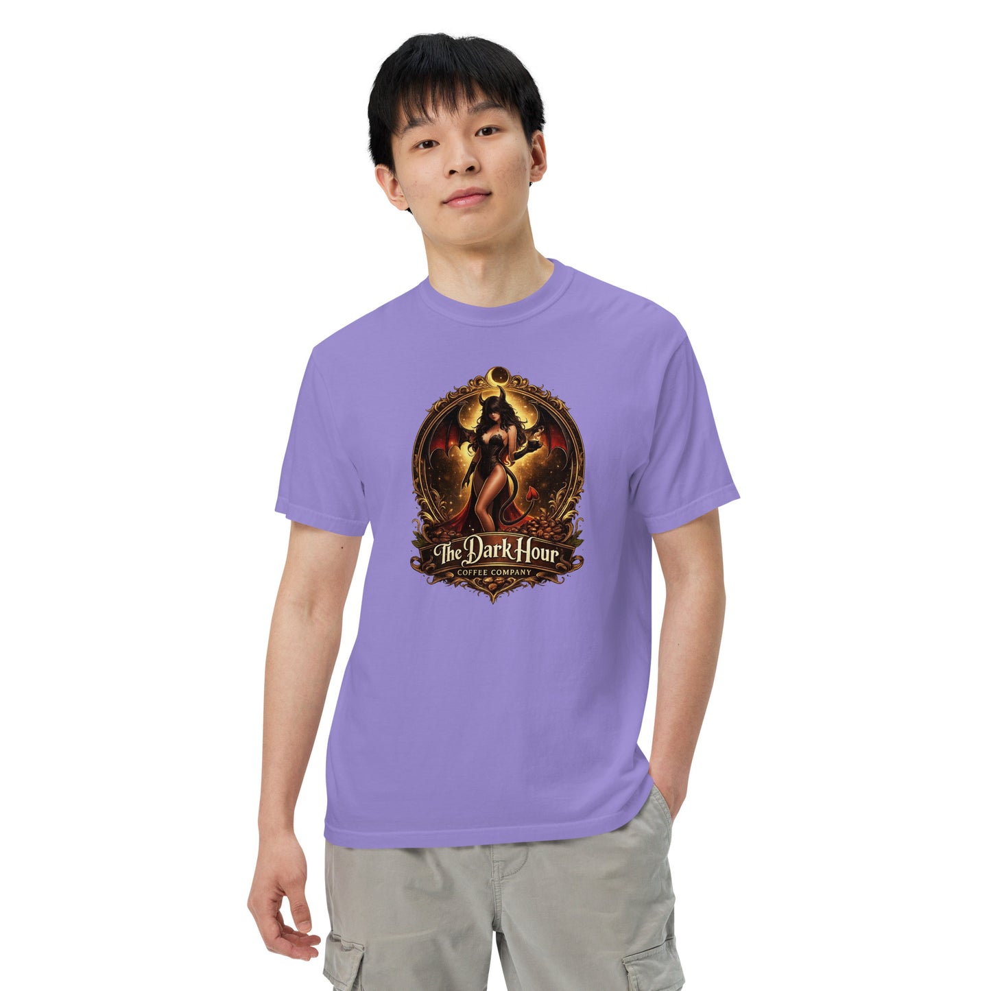 Unisex garment-dyed heavyweight T-shirt in violet by The Dark Hour Coffee Company, front view showing soft fabric and relaxed fit.