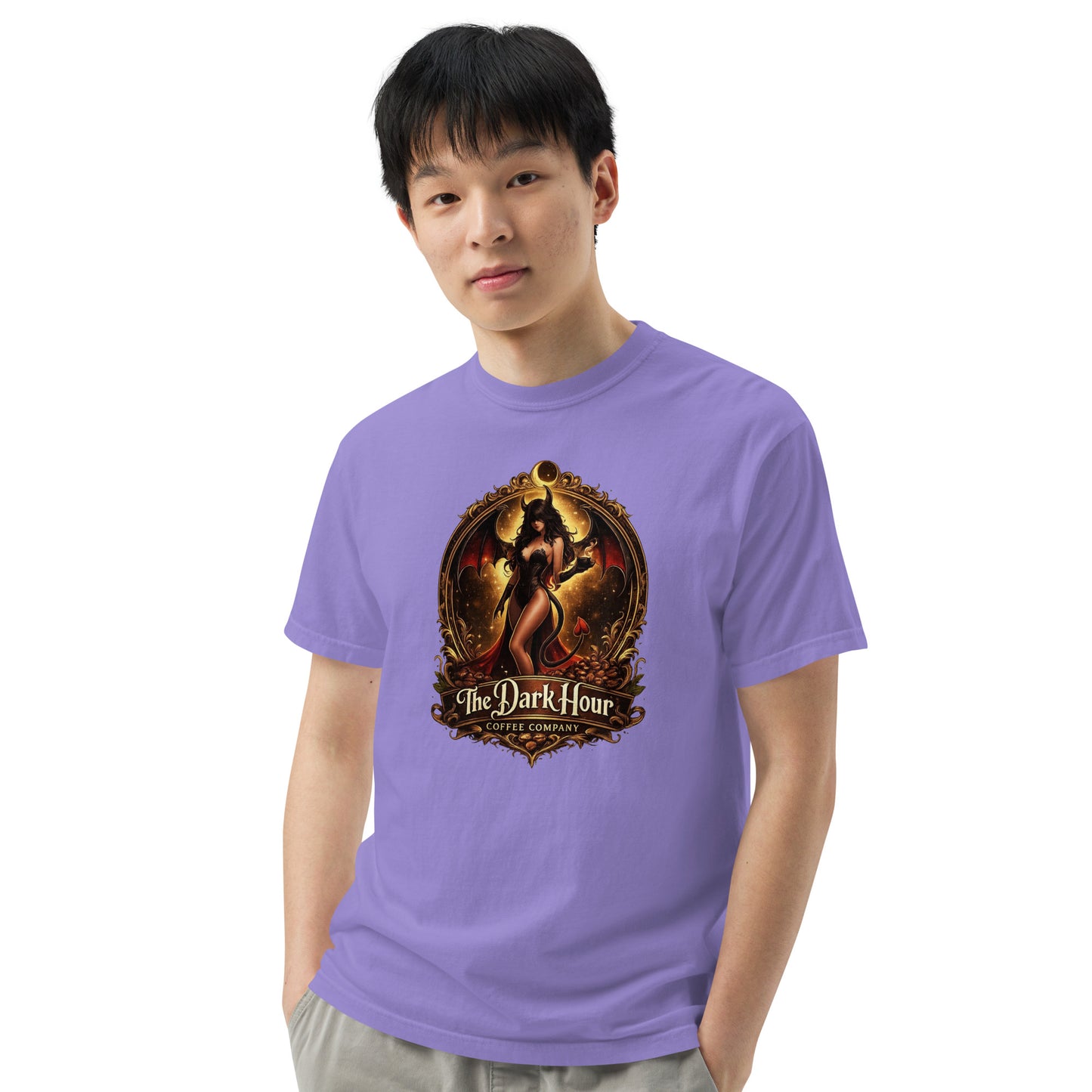 Unisex garment-dyed heavyweight T-shirt in violet with front design by The Dark Hour Coffee Company.