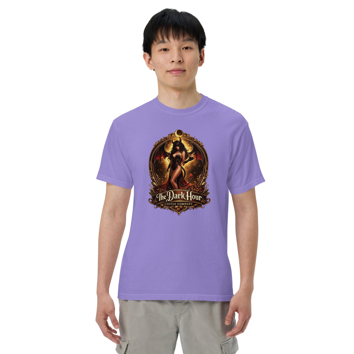 Unisex garment-dyed heavyweight T-shirt in violet by The Dark Hour Coffee Company, front view showing soft fabric and relaxed fit.