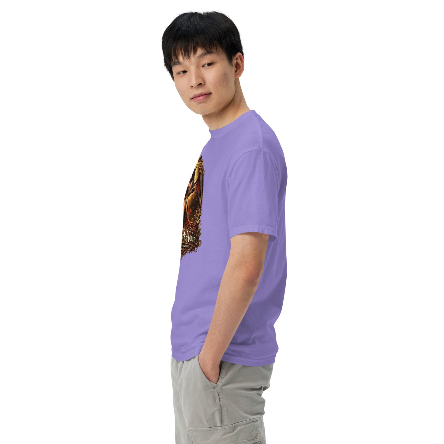Unisex garment-dyed heavyweight T-shirt in violet by The Dark Hour Coffee Company, showing front view with relaxed fit.