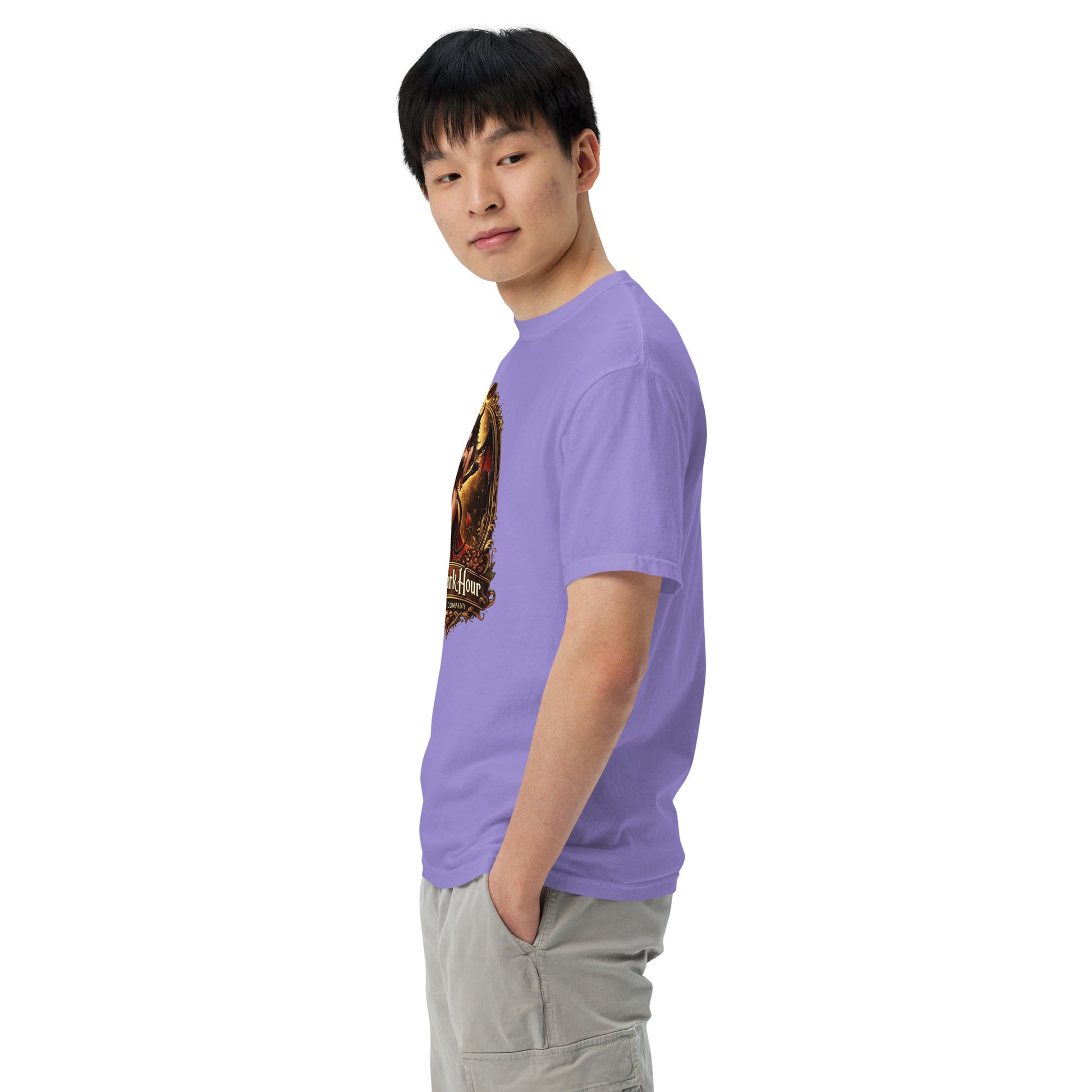 Unisex garment-dyed heavyweight T-shirt in violet by The Dark Hour Coffee Company, showing front view with relaxed fit.