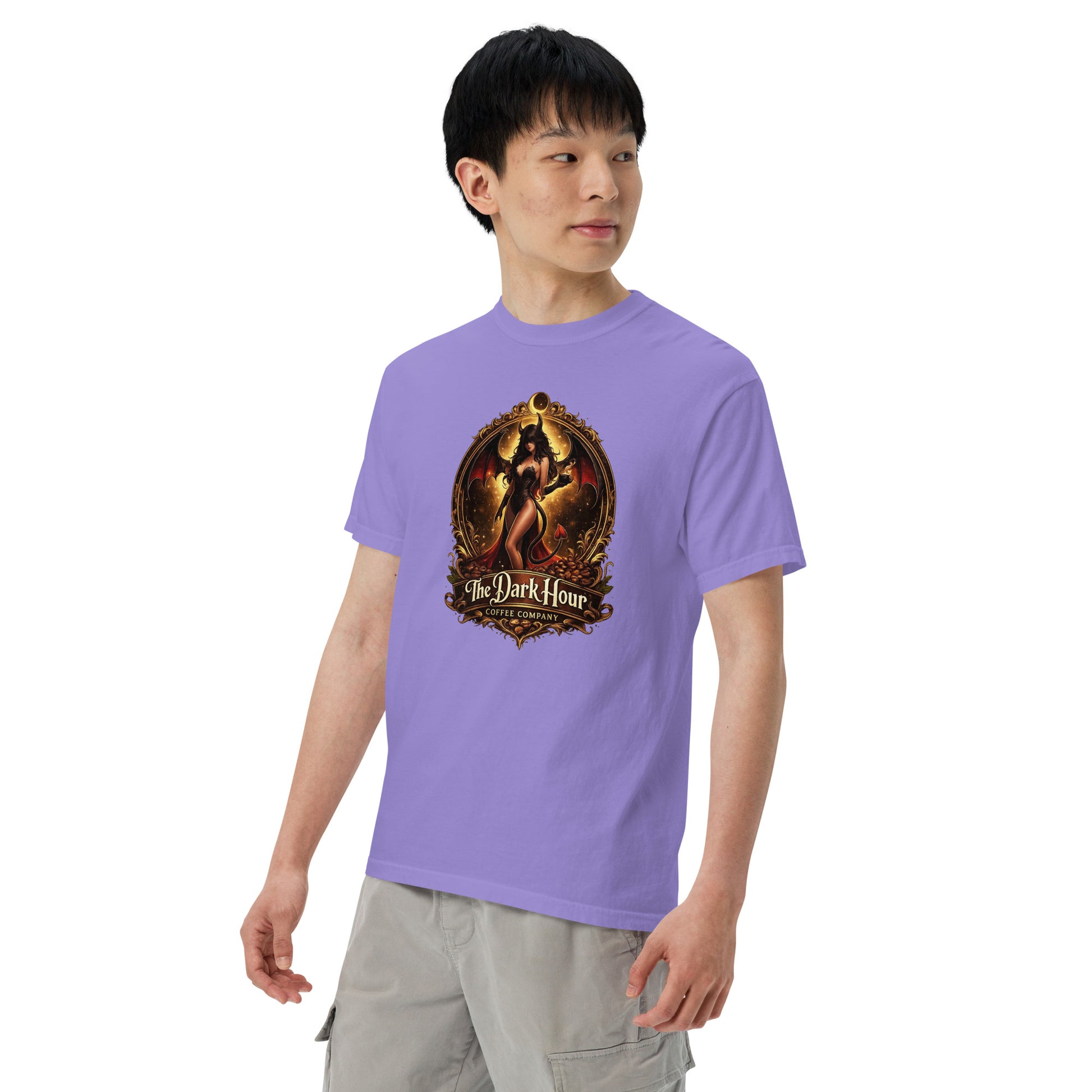 Unisex garment-dyed heavyweight T-shirt in violet by The Dark Hour Coffee Company, shown from the left front.