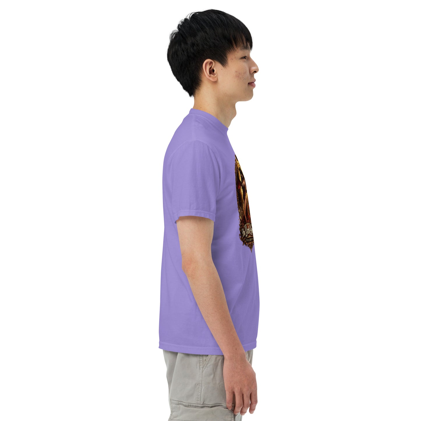 Unisex garment-dyed heavyweight T-shirt in violet from The Dark Hour Coffee Company, shown from the right side.