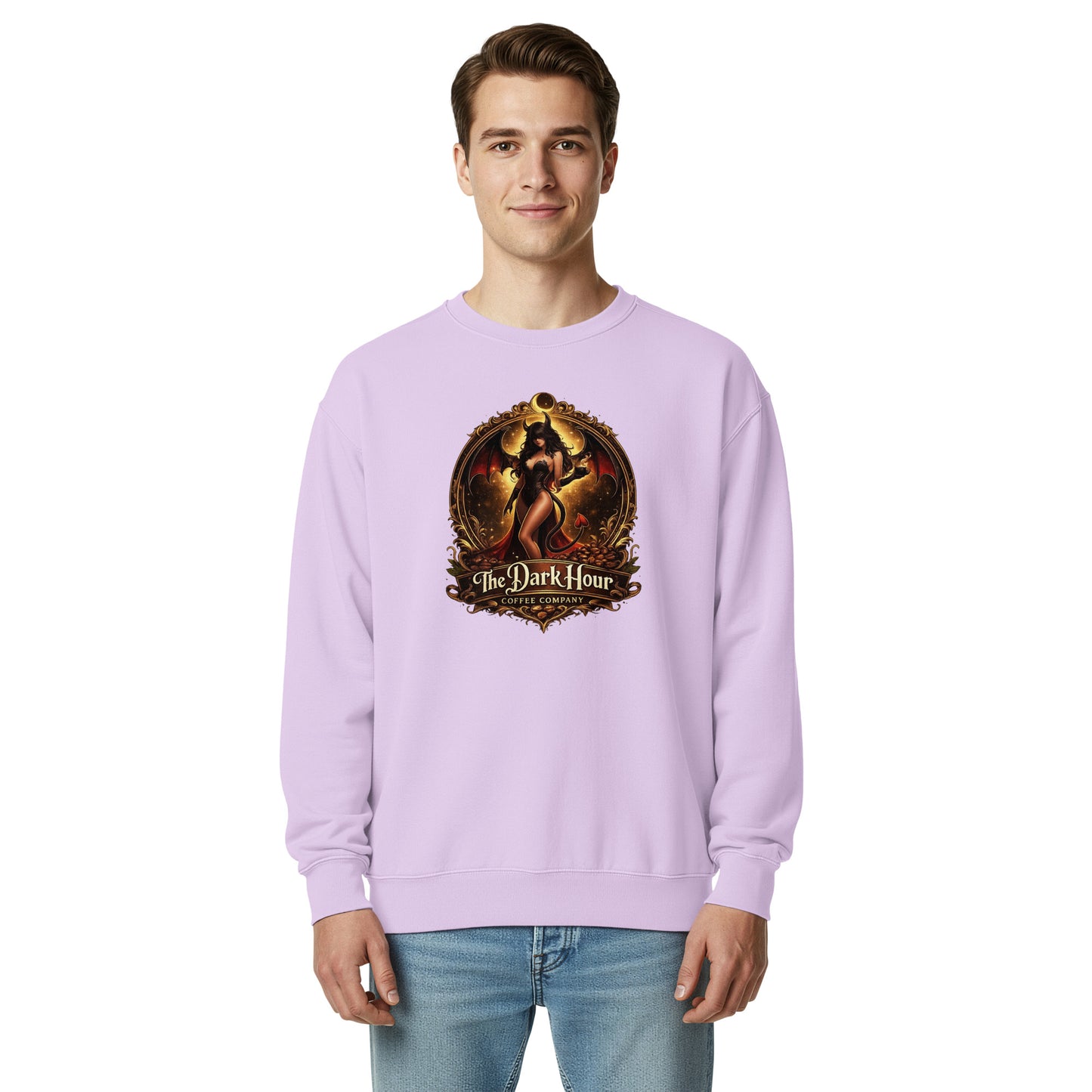 Unisex garment-dyed sweatshirt in orchid color by The Dark Hour Coffee Company, shown from the front.
