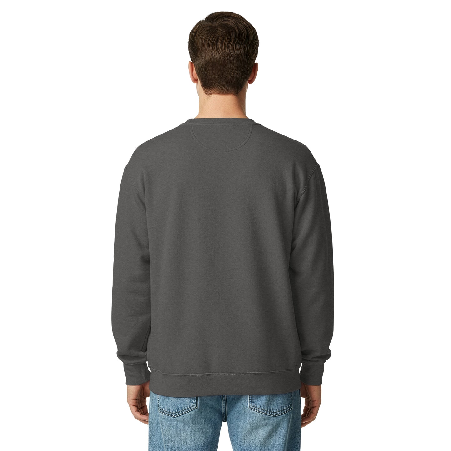 Unisex garment-dyed sweatshirt in pepper color from The Dark Hour Coffee Company, shown from the back.