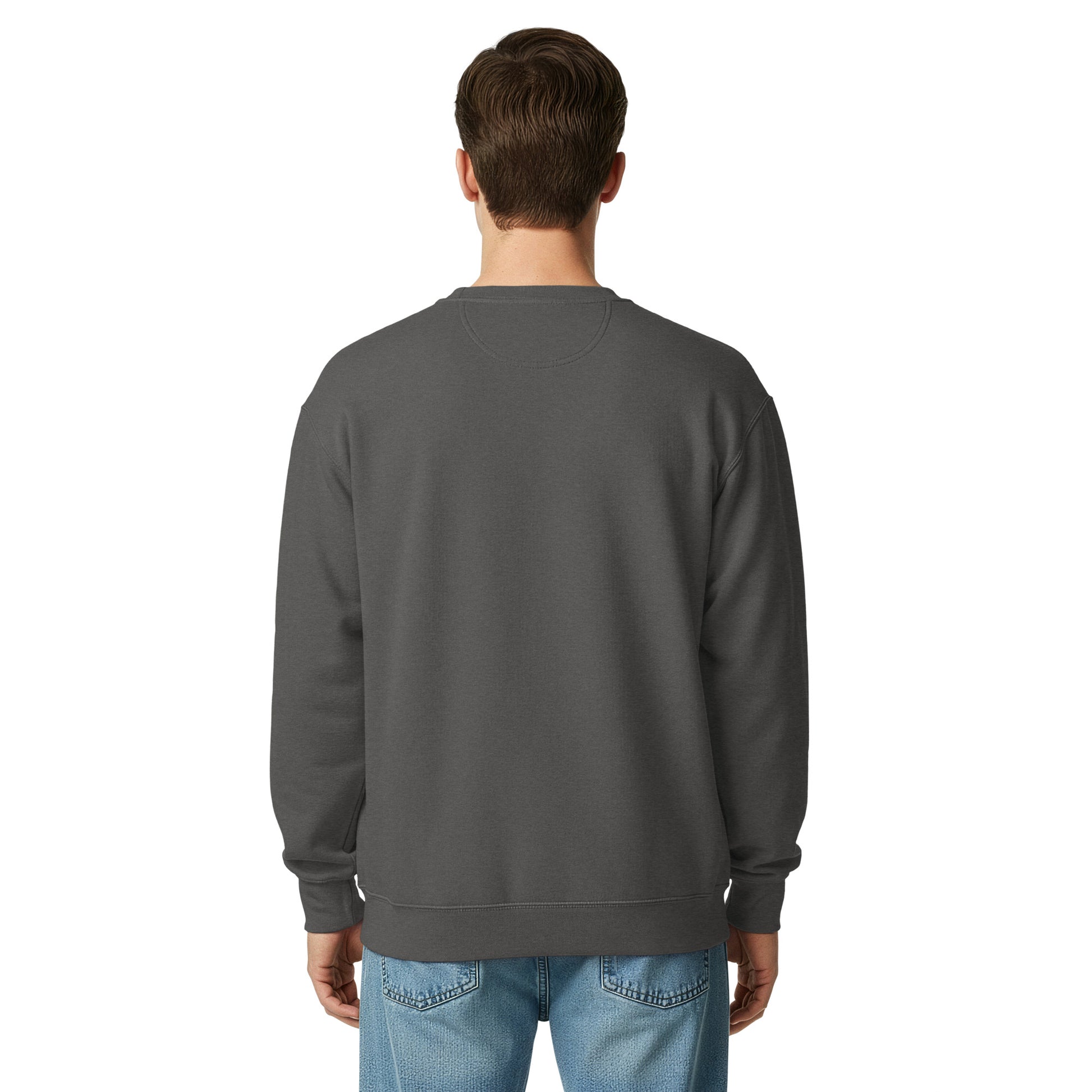 Unisex garment-dyed sweatshirt in pepper color from The Dark Hour Coffee Company, shown from the back.