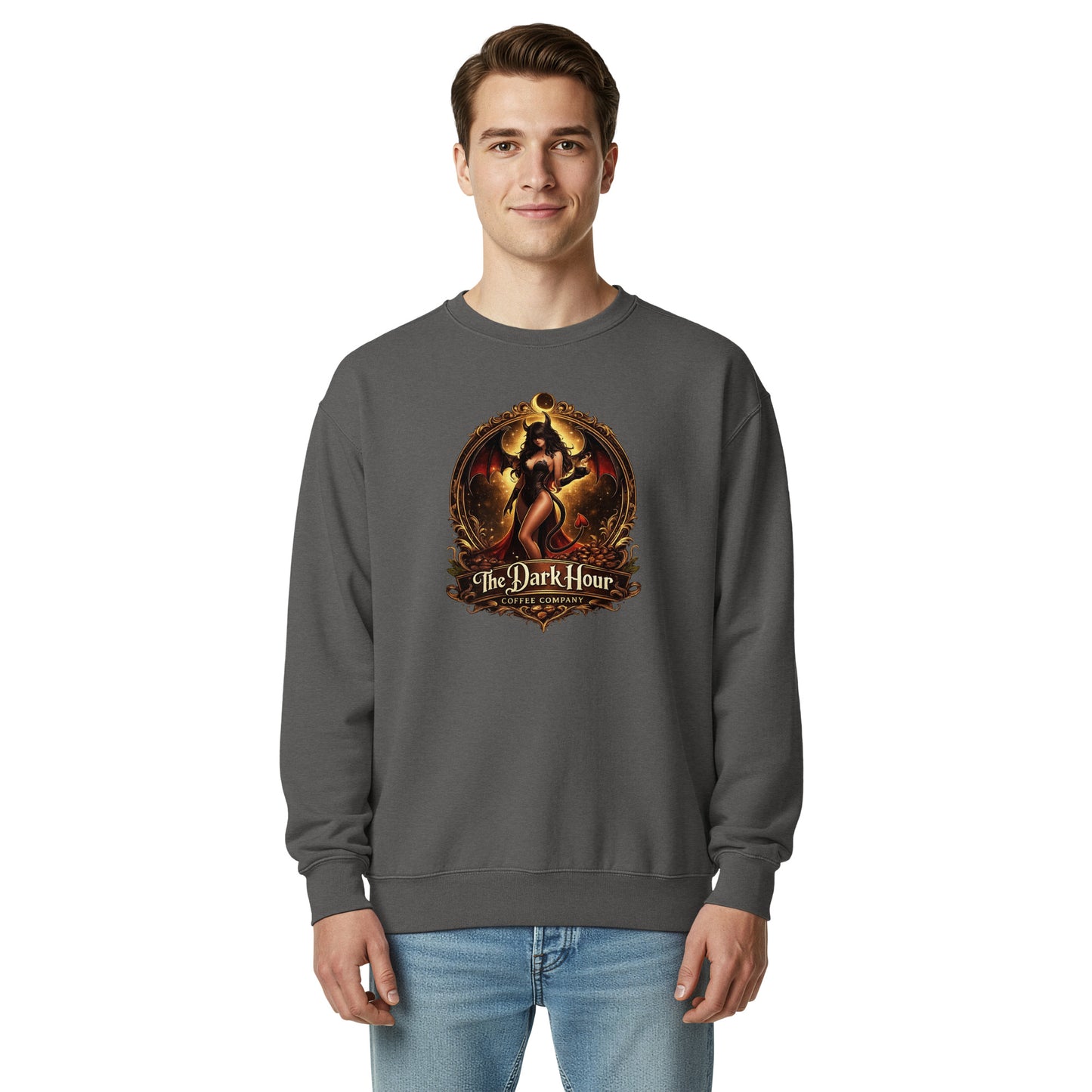 Unisex garment-dyed sweatshirt in pepper color by The Dark Hour Coffee Company, shown from the front.