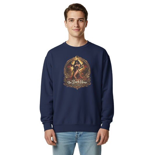 Unisex garment-dyed sweatshirt in true navy from The Dark Hour Coffee Company, front view showing soft fabric and relaxed fit.