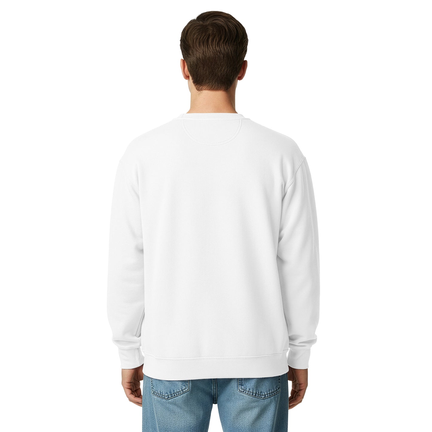 White unisex garment-dyed sweatshirt from The Dark Hour Coffee Company, shown from the back. Casual, comfortable clothing.