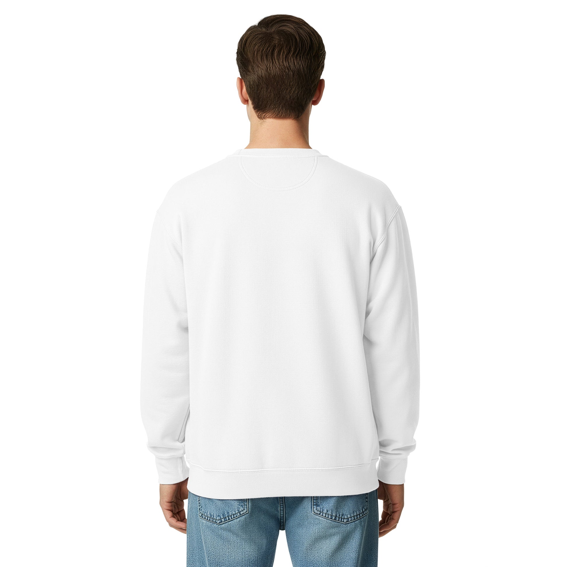 White unisex garment-dyed sweatshirt from The Dark Hour Coffee Company, shown from the back. Casual, comfortable clothing.