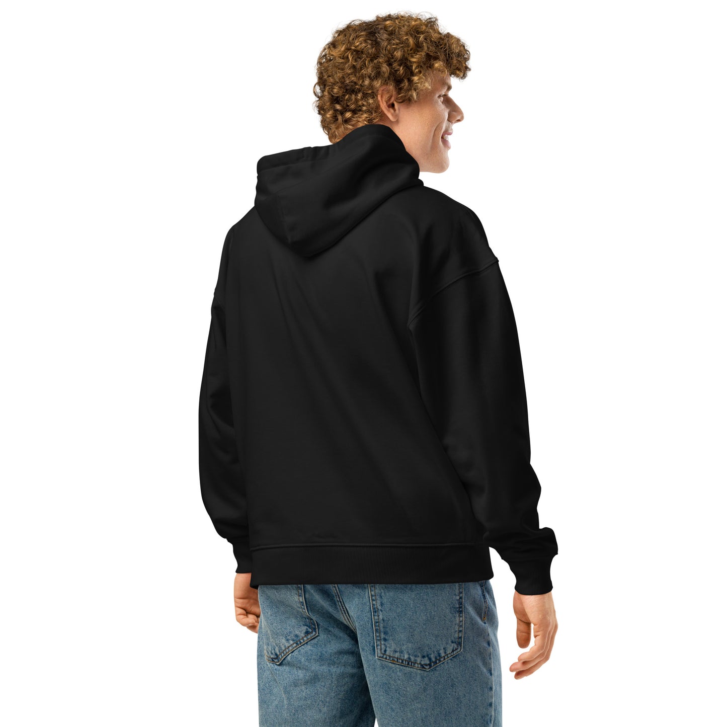 Unisex organic relaxed hoodie in black with back graphic, made by The Dark Hour Coffee Company. Comfortable casual wear.