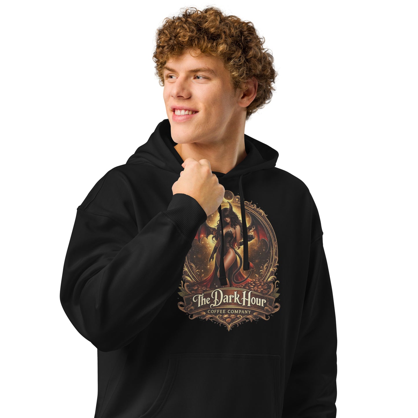 Black unisex organic relaxed hoodie from The Dark Hour Coffee Company, front view showing comfortable fit and minimalist design.