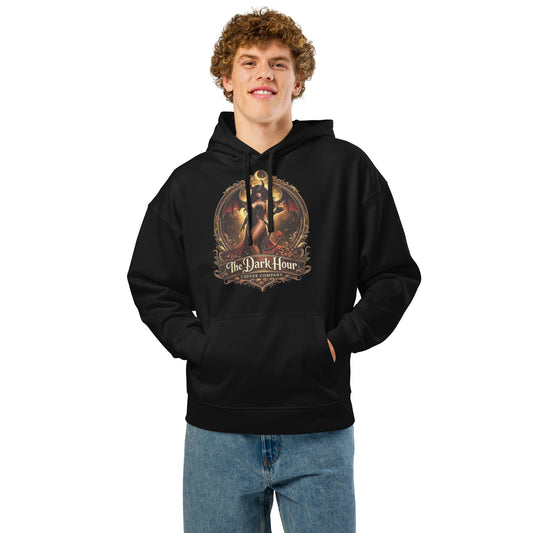 Black unisex organic relaxed hoodie by The Dark Hour Coffee Company, front view showing soft fabric and casual fit.