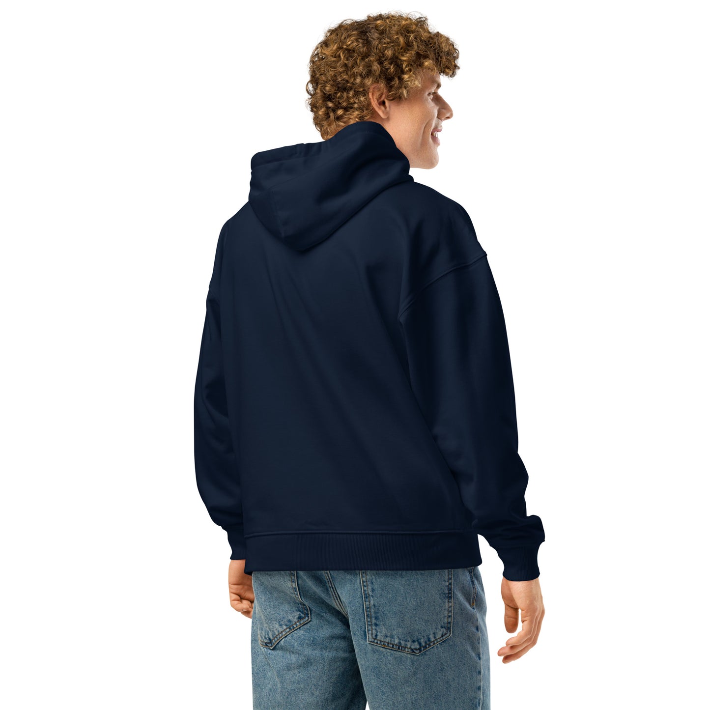 Unisex organic relaxed hoodie in French navy color with a comfortable fit, featuring a simple design and soft fabric.