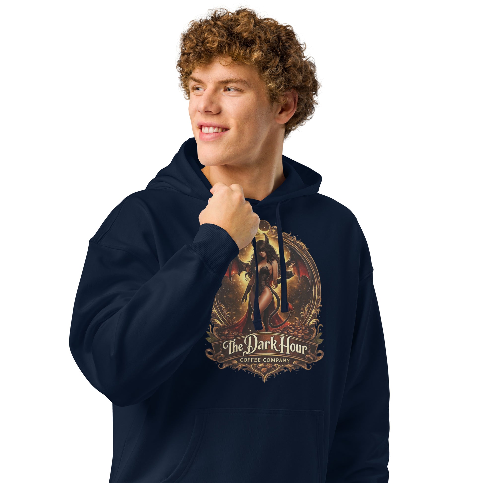 Unisex organic relaxed hoodie in French navy with front view, showcasing comfortable casual style from The Dark Hour Coffee Company.