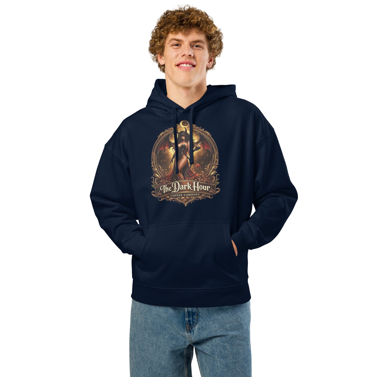 Unisex organic relaxed hoodie in French navy with front pocket and drawstrings, by The Dark Hour Coffee Company.