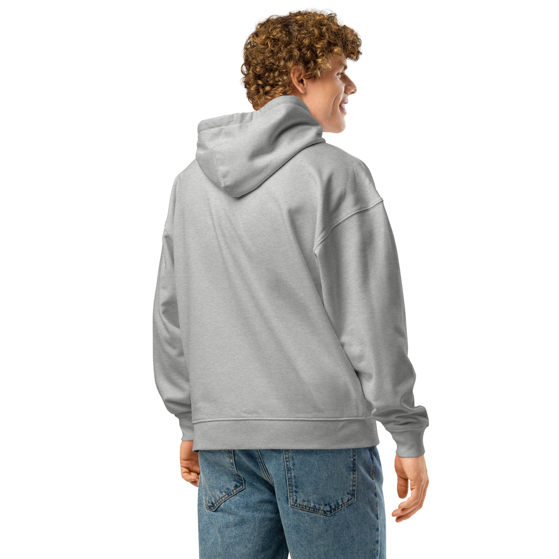 Unisex organic relaxed hoodie in heather grey with back view, featuring a comfortable fit and casual style from The Dark Hour Coffee Company.