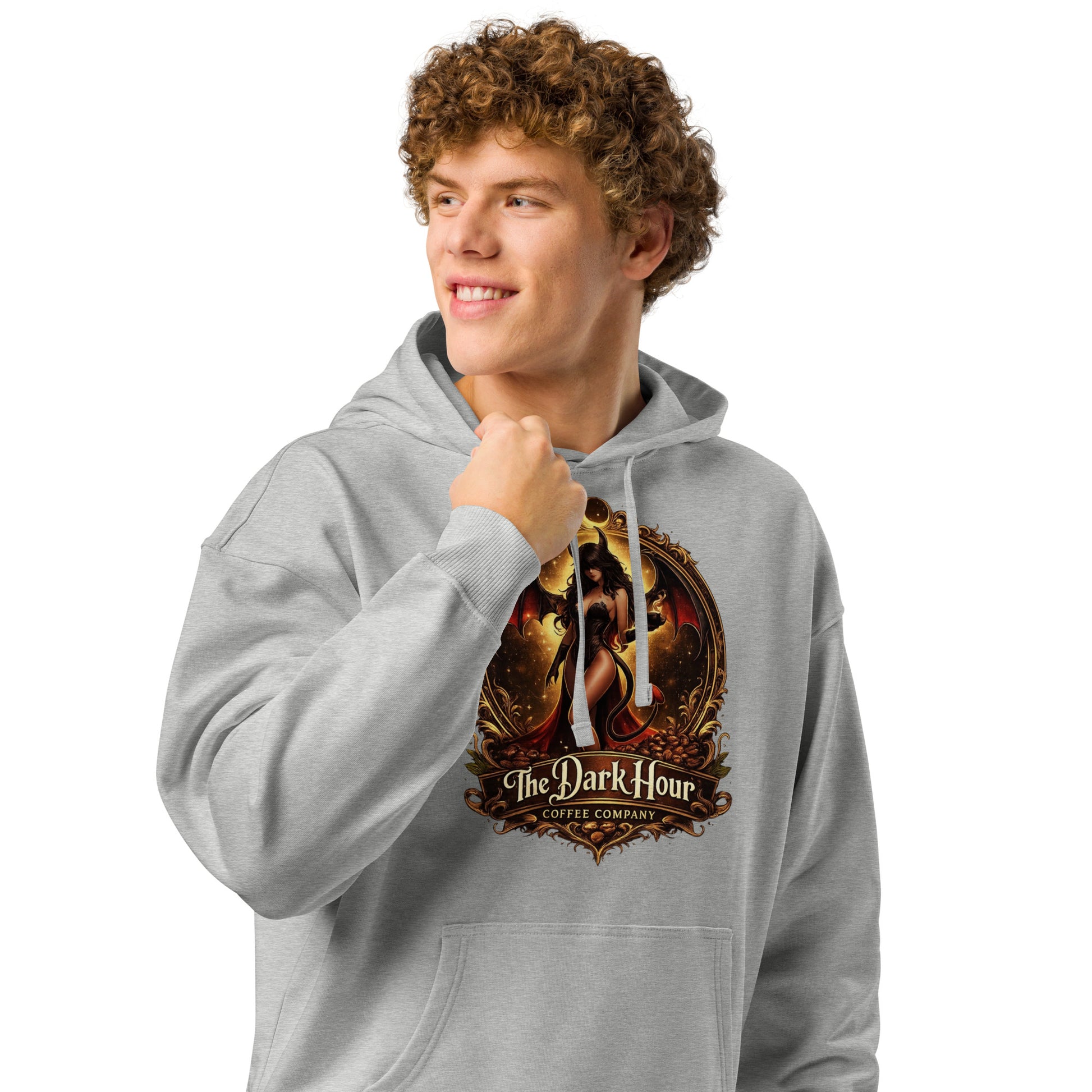 Unisex organic relaxed hoodie in heather grey with front pocket and drawstrings, casual style from The Dark Hour Coffee Company.