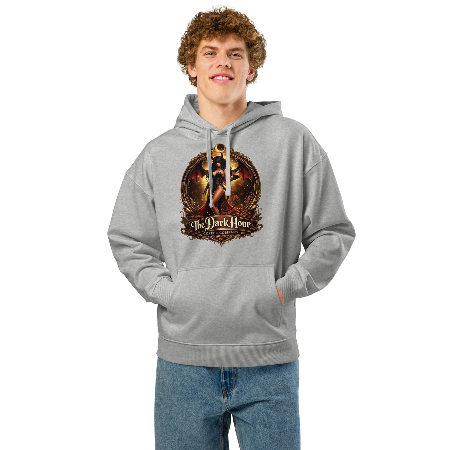 Unisex organic relaxed hoodie in heather grey from The Dark Hour Coffee Company, front view showing comfortable fit and soft fabric.