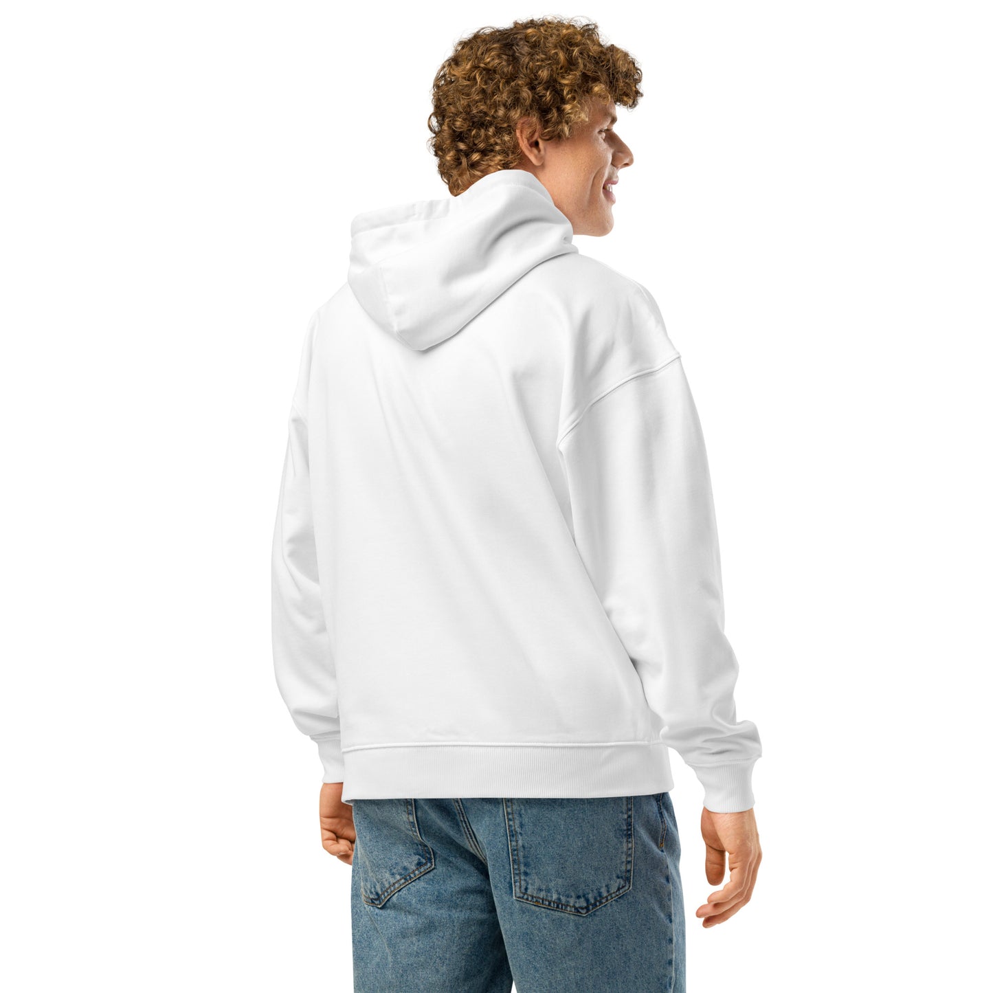 White unisex organic relaxed hoodie from The Dark Hour Coffee Company, shown from the back. Comfortable and casual fit.