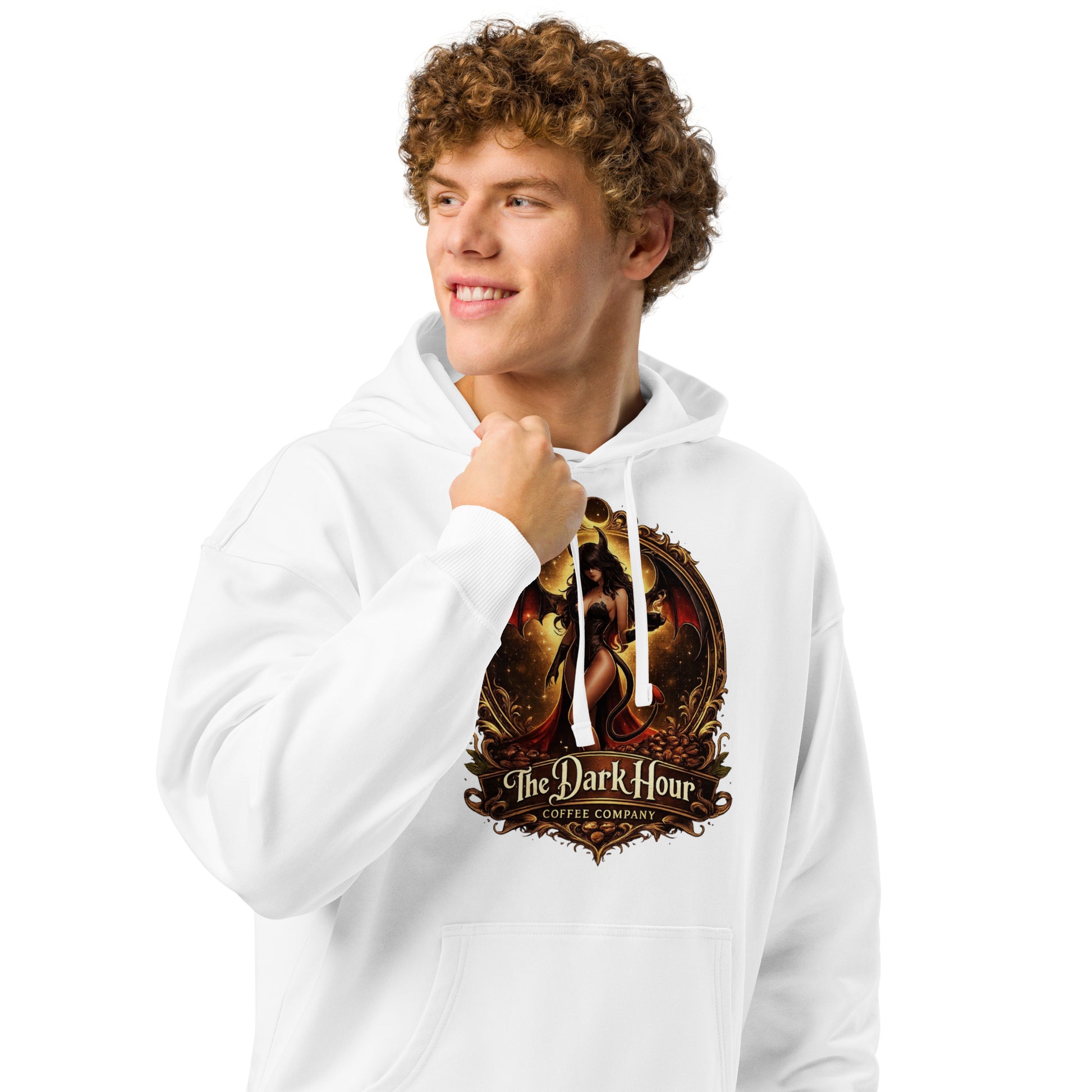 Unisex organic relaxed hoodie in white with front pocket and drawstrings, made by The Dark Hour Coffee Company.