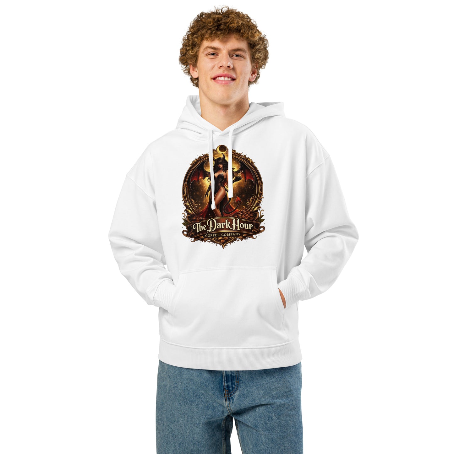 Unisex organic relaxed hoodie in white with front design, made by The Dark Hour Coffee Company, casual comfortable style.