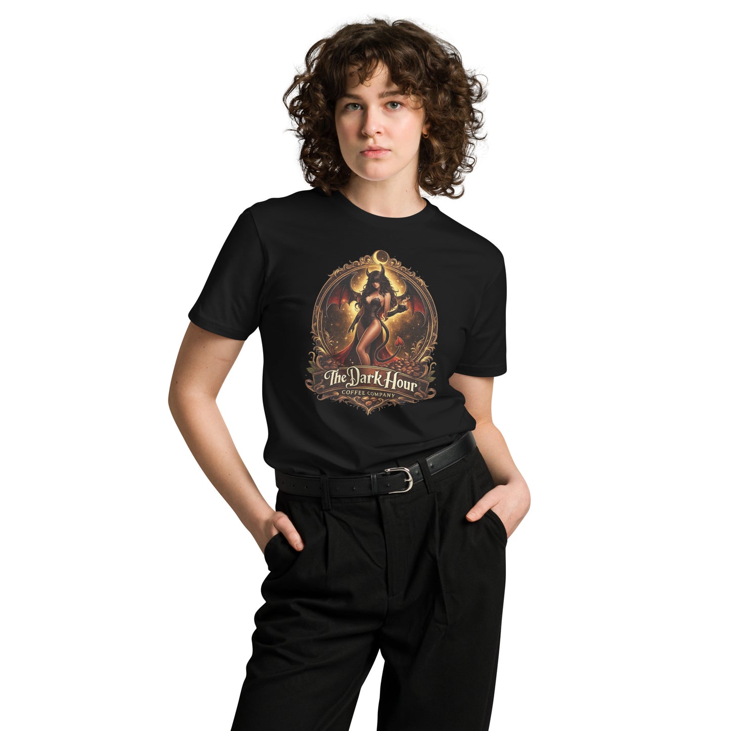 Unisex black premium T-shirt from The Dark Hour Coffee Company displayed from the front view.