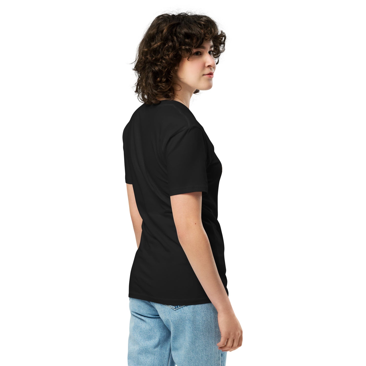 Black unisex premium T-shirt from The Dark Hour Coffee Company, shown from the right side with a casual fit.