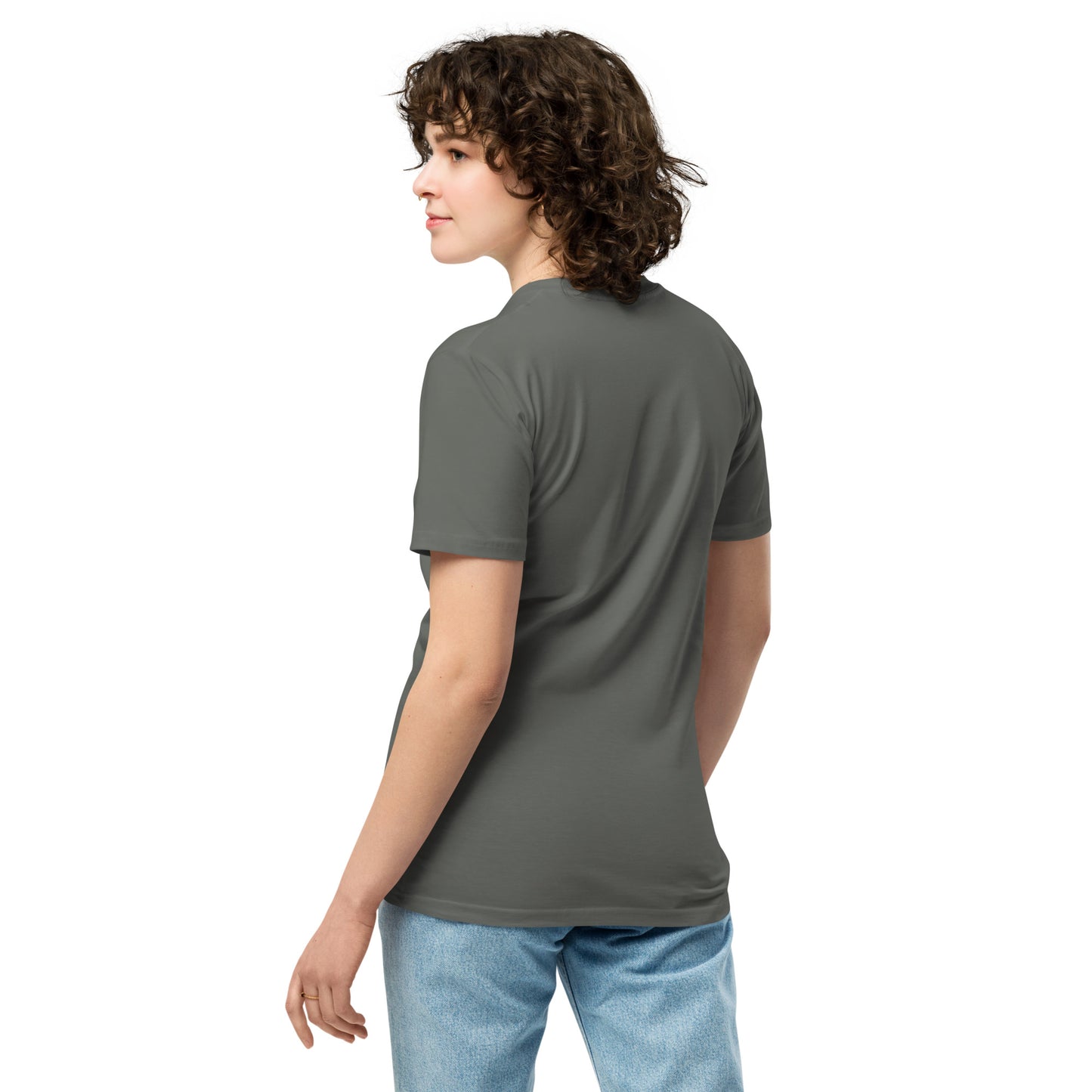 Charcoal unisex premium T-shirt from The Dark Hour Coffee Company, showing the back view with a smooth fabric texture.