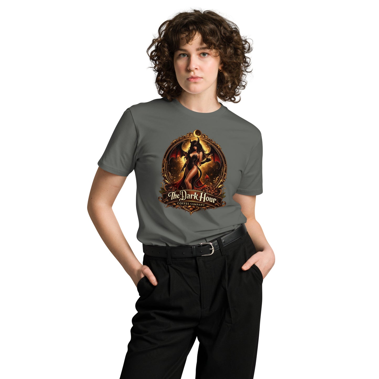 Charcoal unisex premium T-shirt from The Dark Hour Coffee Company, front view showing fit and fabric texture.