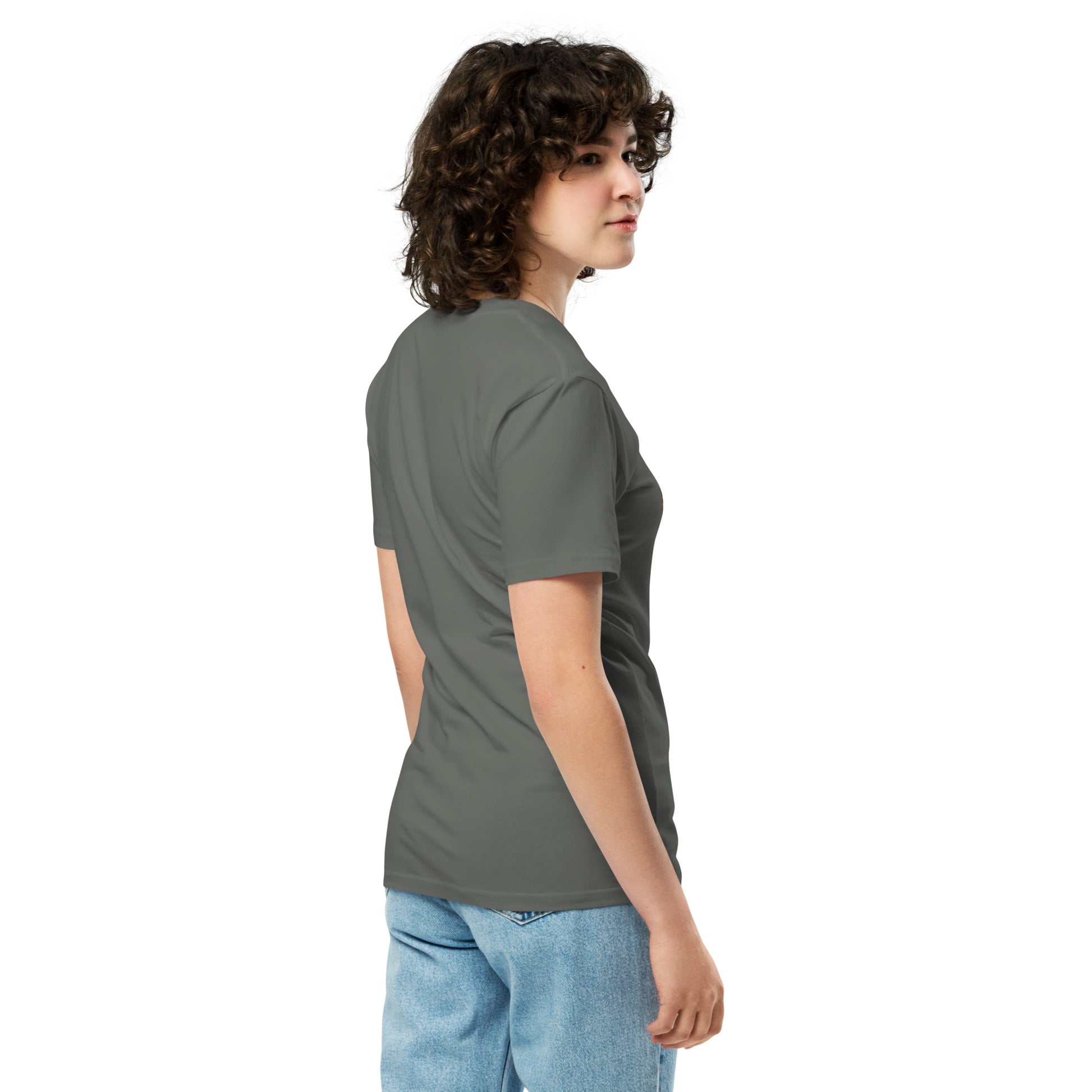 Unisex charcoal premium T-shirt from The Dark Hour Coffee Company shown from the right side.