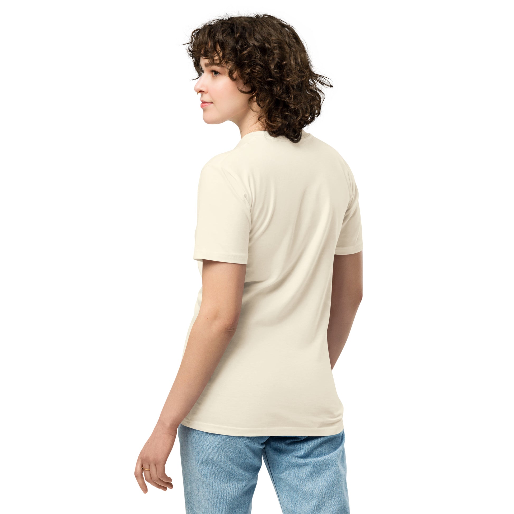 Unisex premium T-shirt by The Dark Hour Coffee Company, natural color, showing back view with smooth fabric and relaxed fit.