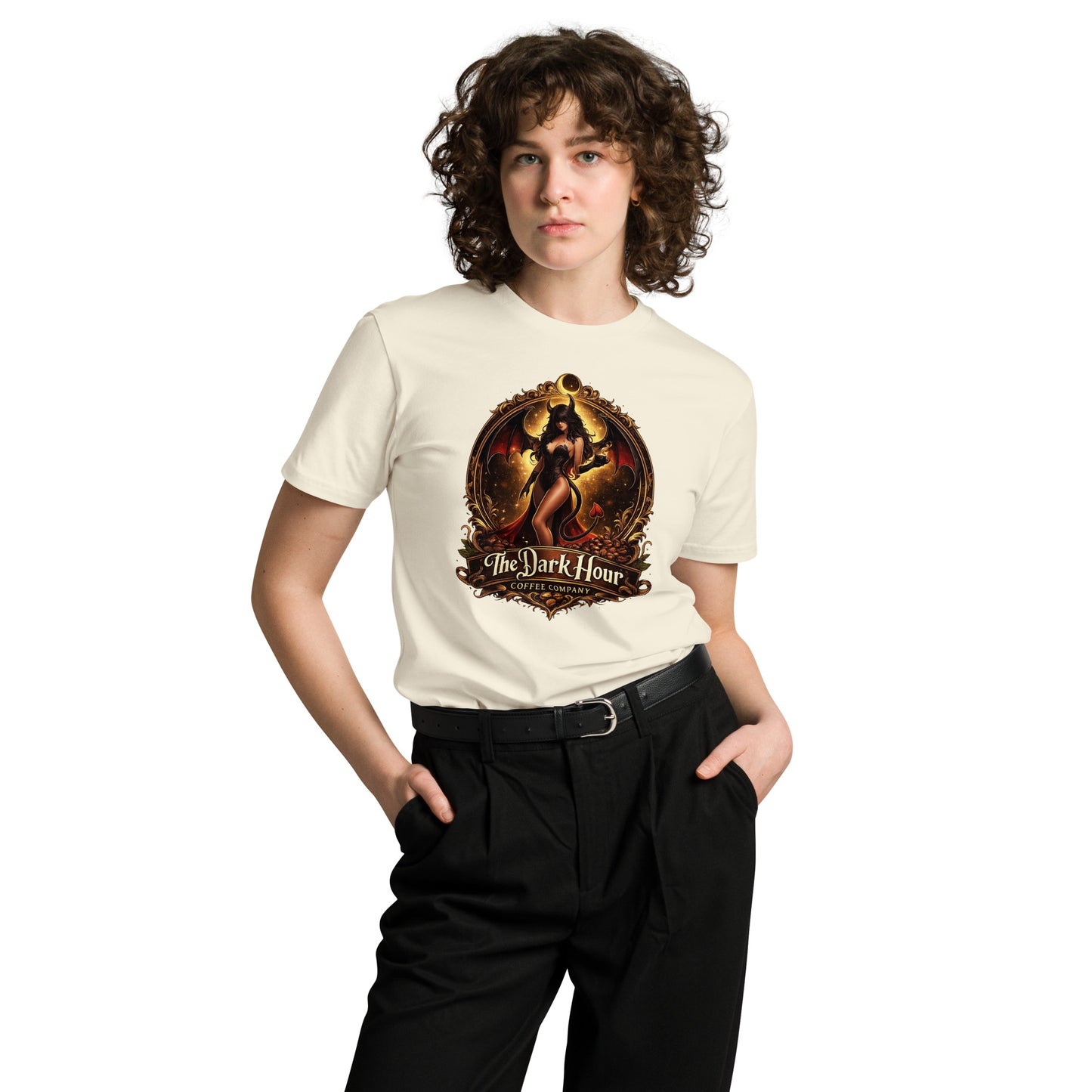 Unisex Premium T-shirt from The Dark Hour Coffee Company, natural front view showing soft fabric and classic fit.