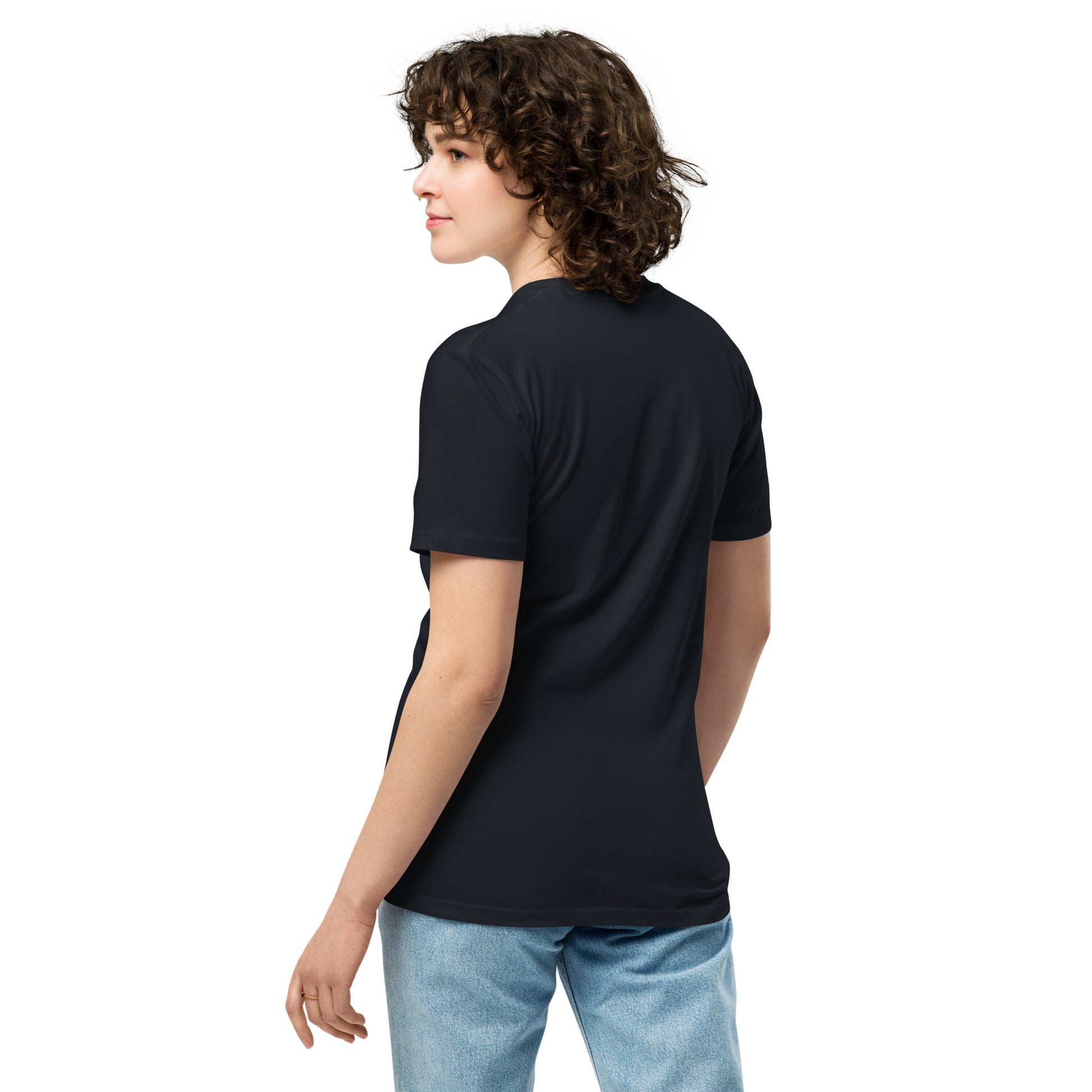 Unisex navy premium T-shirt by The Dark Hour Coffee Company, showing front view with smooth fabric and relaxed fit.