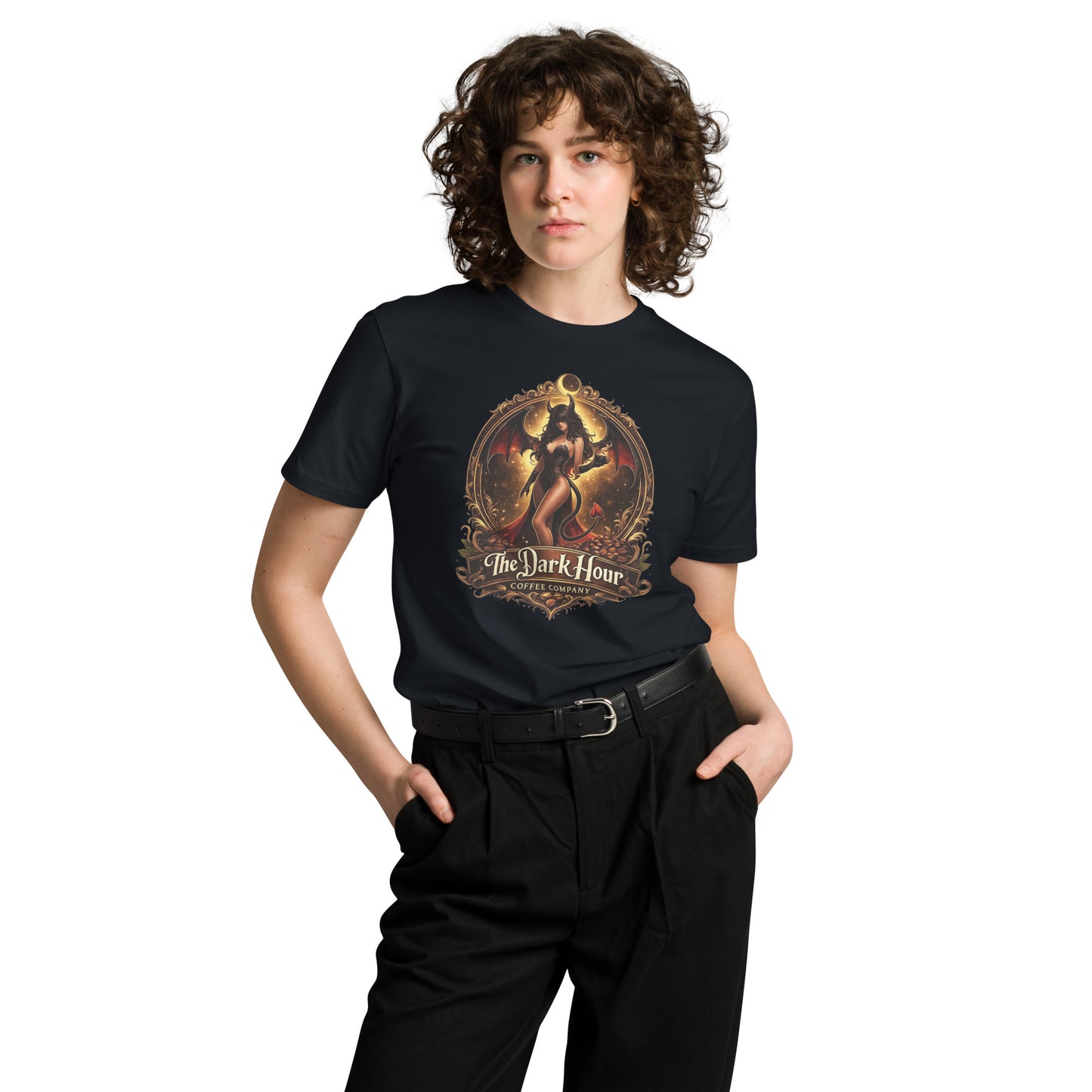 Unisex navy premium T-shirt from The Dark Hour Coffee Company, front view showing classic fit and soft fabric.