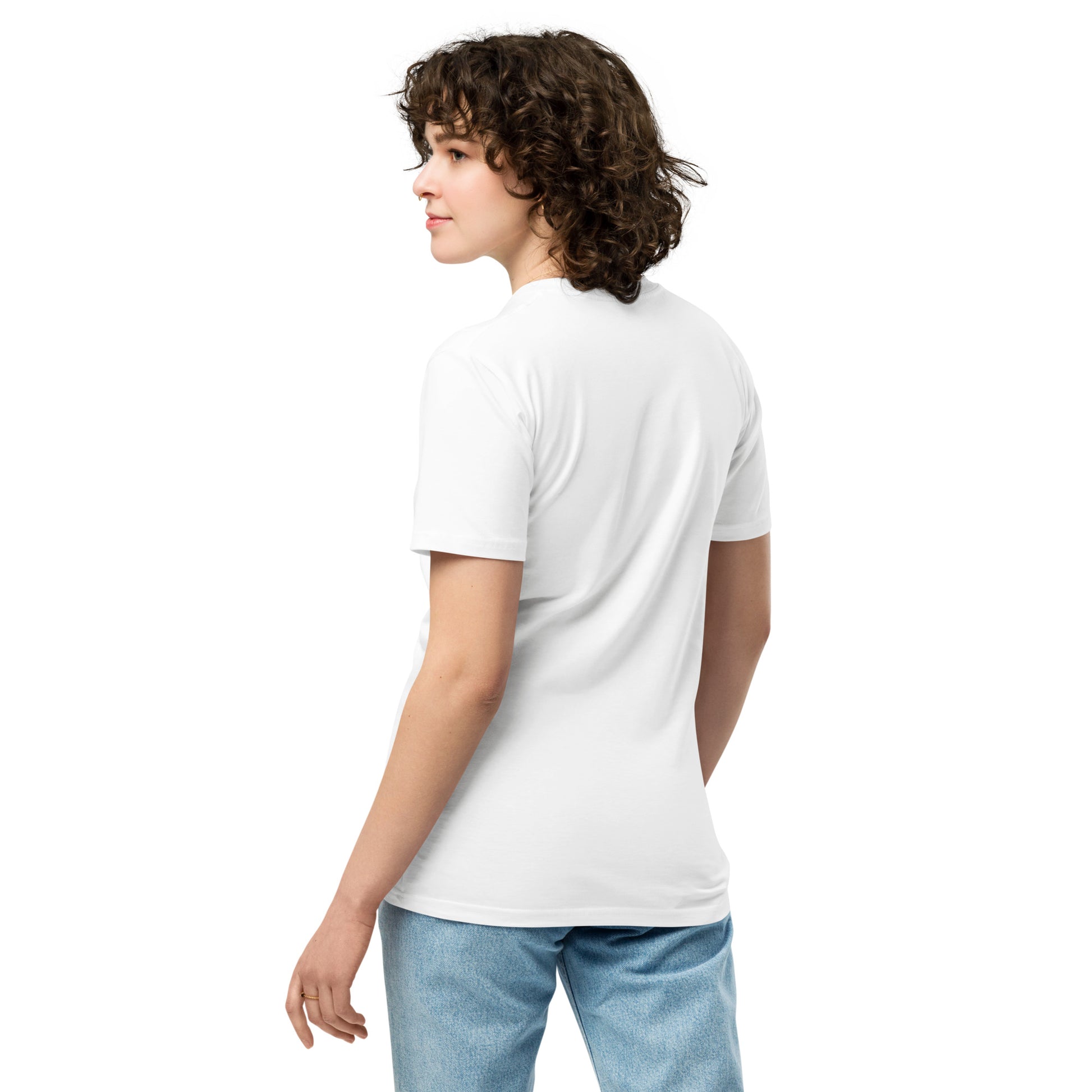 White unisex premium T-shirt by The Dark Hour Coffee Company displayed from the back. Soft fabric and comfortable fit.