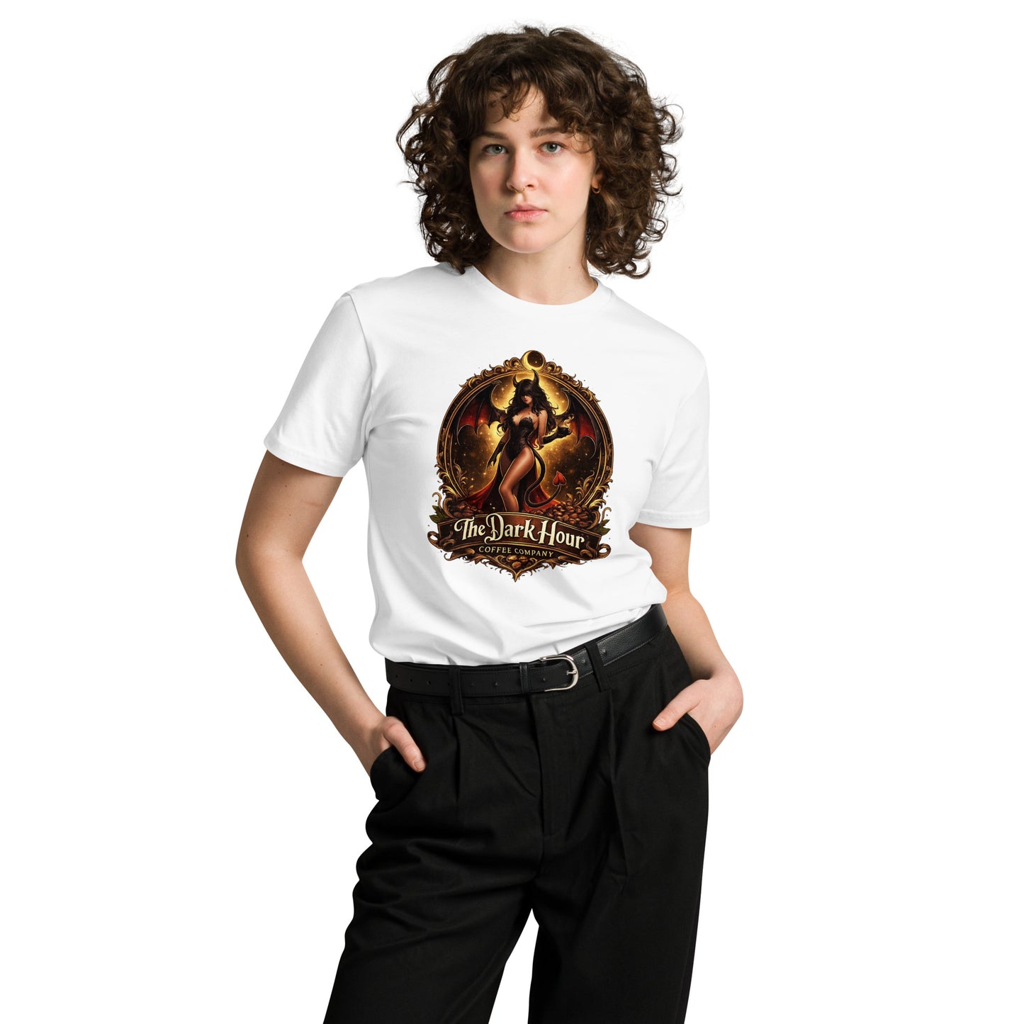 White unisex premium T-shirt from The Dark Hour Coffee Company with a simple front design.