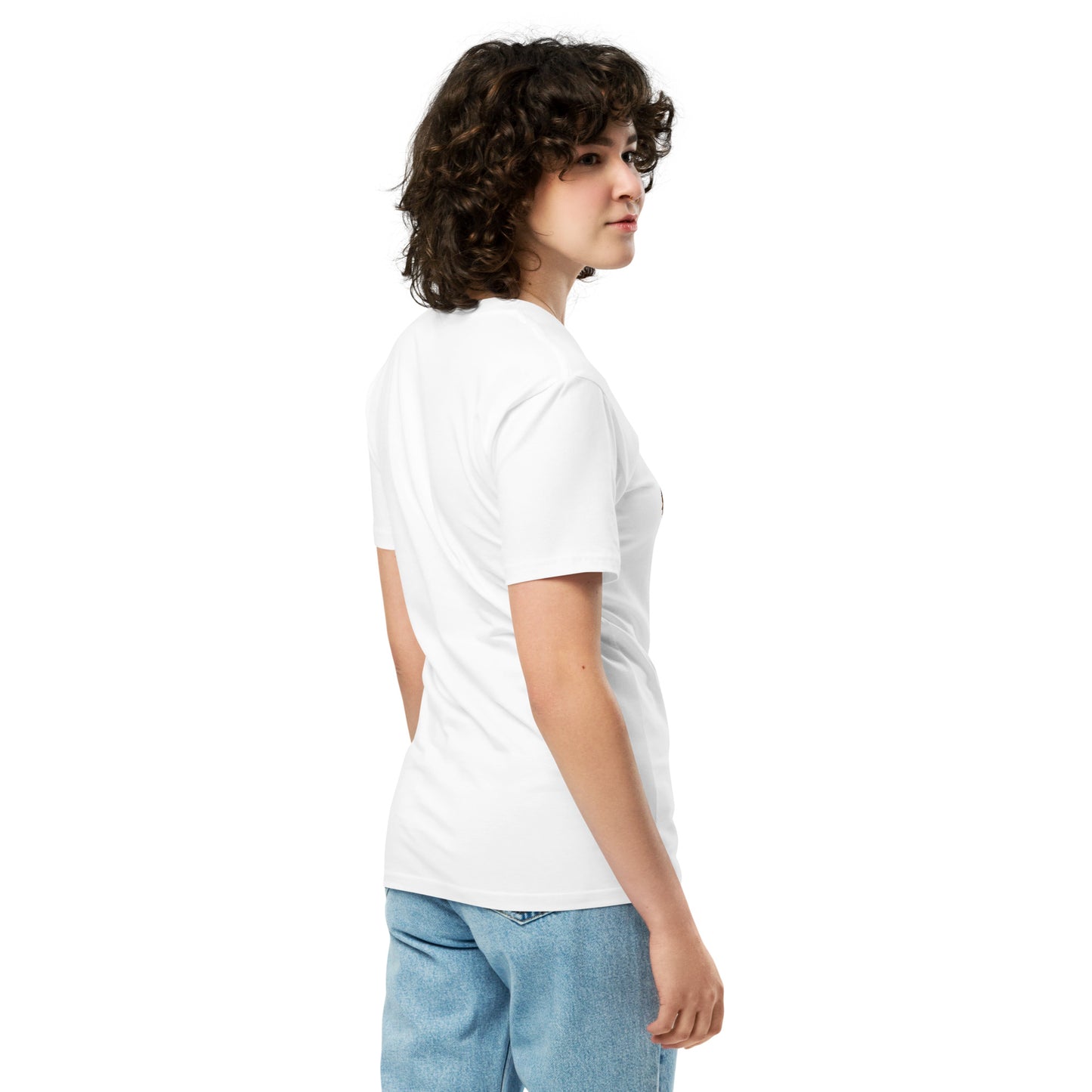 White unisex premium T-shirt from The Dark Hour Coffee Company, displayed on a hanger with a front view.
