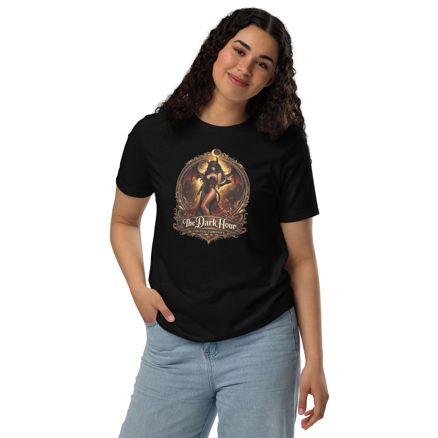 Black unisex Staple Eco T-shirt from The Dark Hour Coffee Company, showcasing a comfortable fit and simple front design.