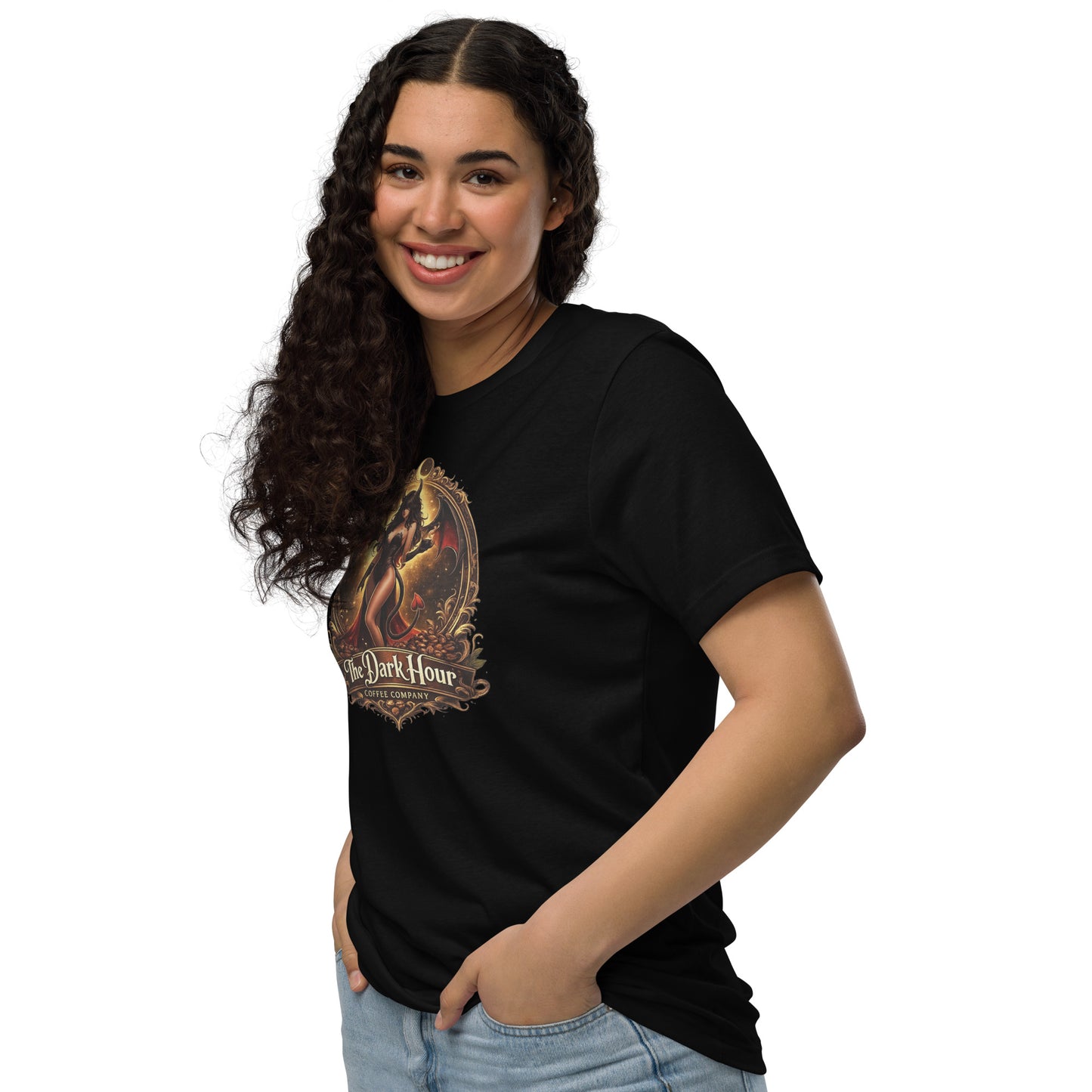 Black unisex Staple Eco T-shirt by The Dark Hour Coffee Company, showing front left view with a simple design.