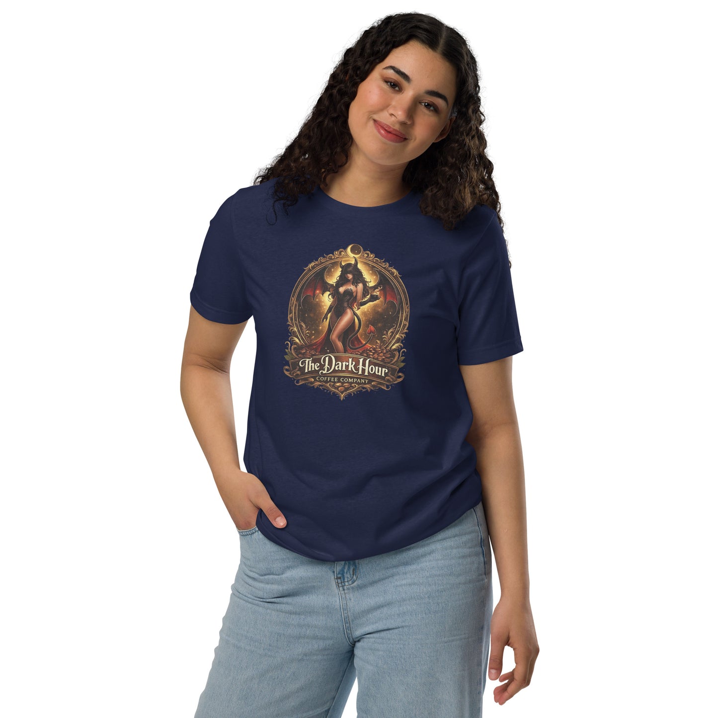 Navy unisex Staple Eco T-shirt by The Dark Hour Coffee Company, front view showing simple design and comfortable fit.
